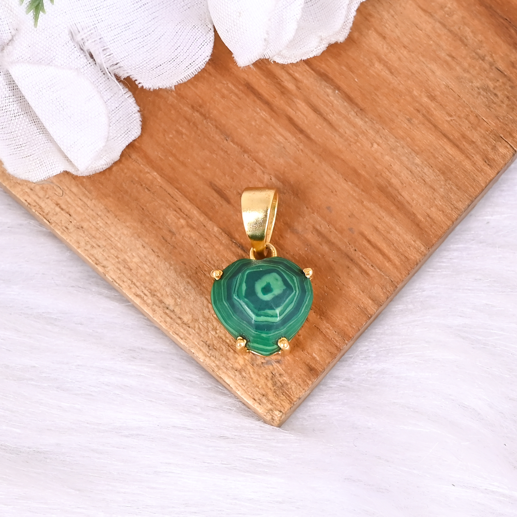 Synthetic Green Malachite Look Heart Pendant Gold Plated Brass Jewelry