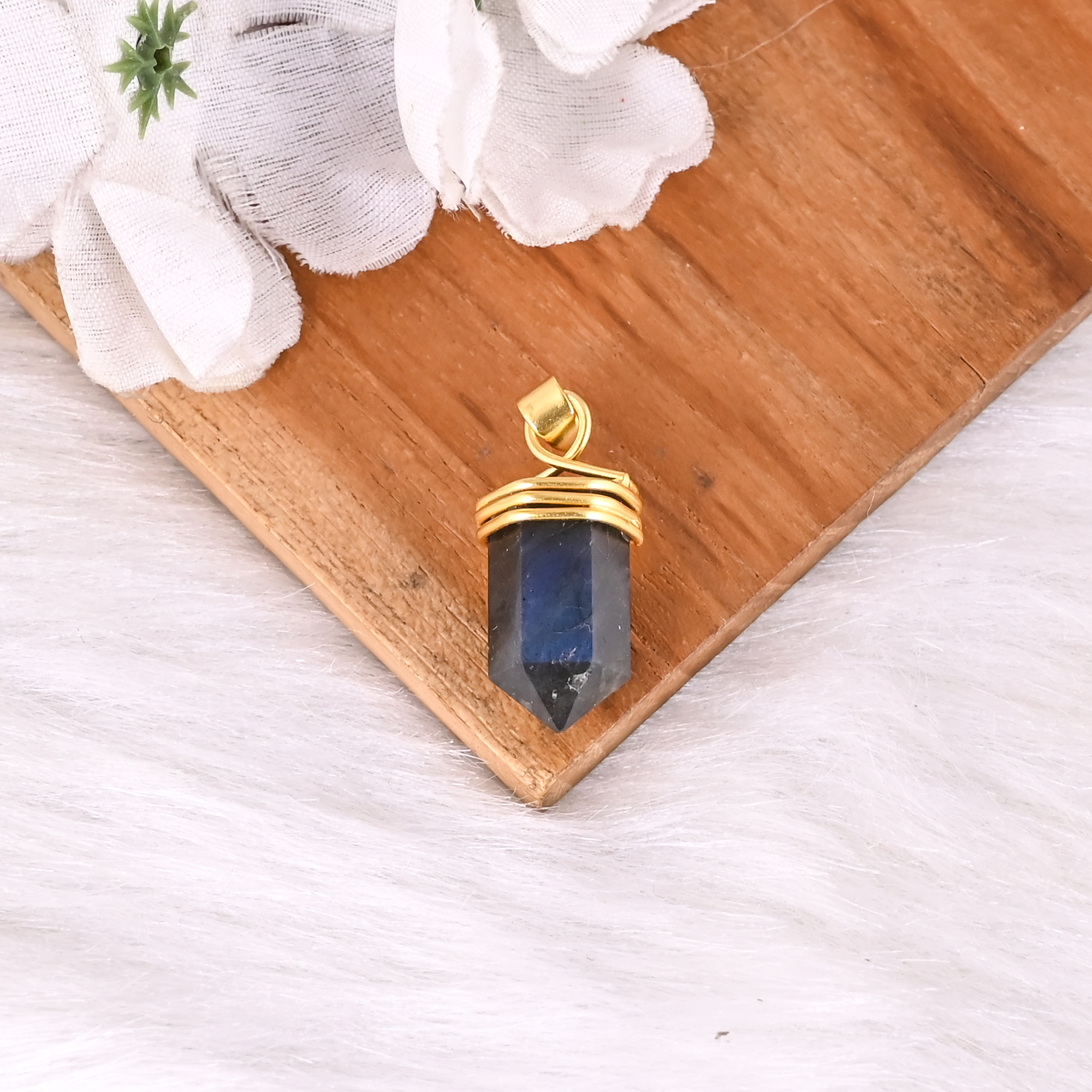 Natural Labradorite Pencil Pendant Brass Wrapped Crystal Point Gemstone Jewelry