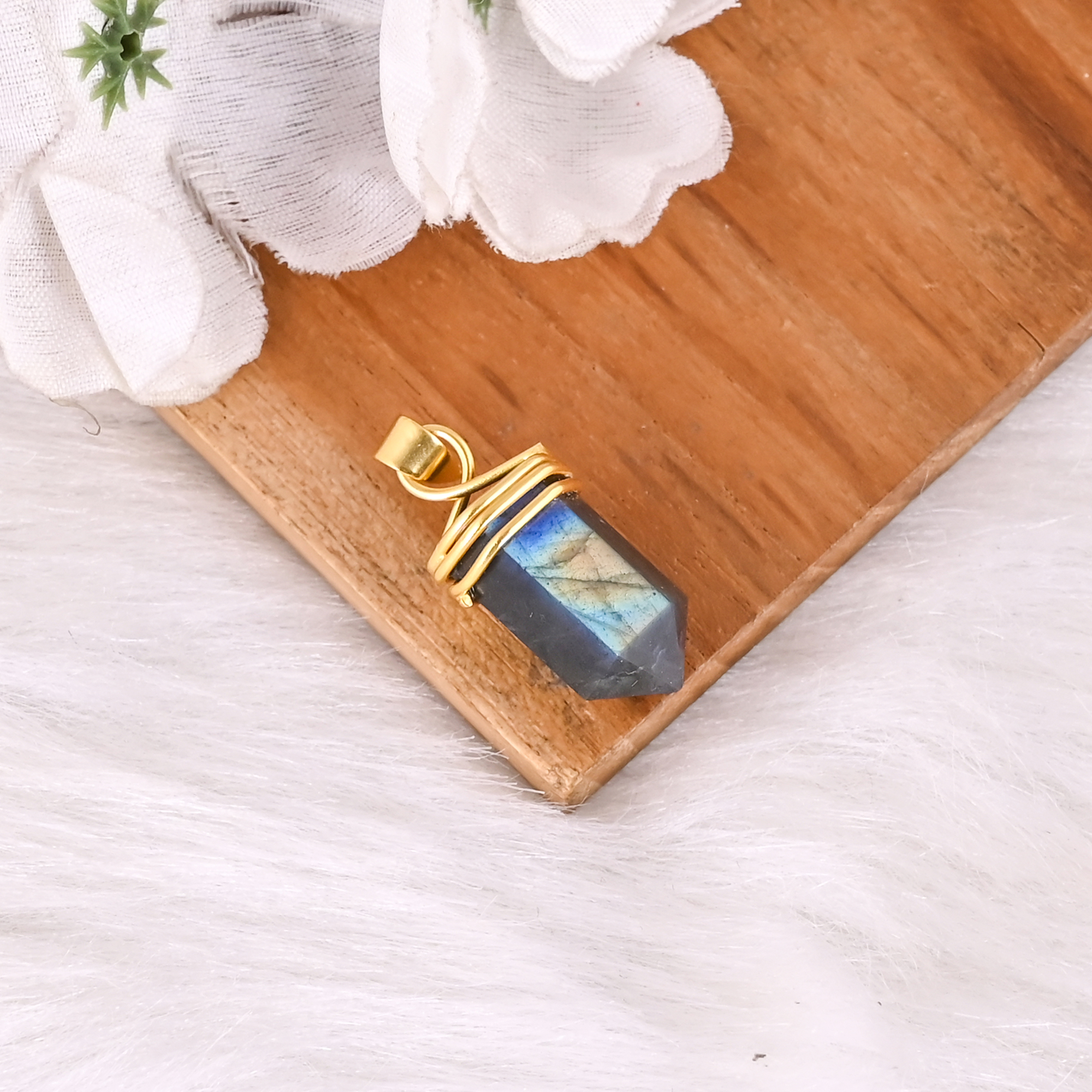 Natural Labradorite Pencil Pendant Brass Wrapped Crystal Point Gemstone Jewelry
