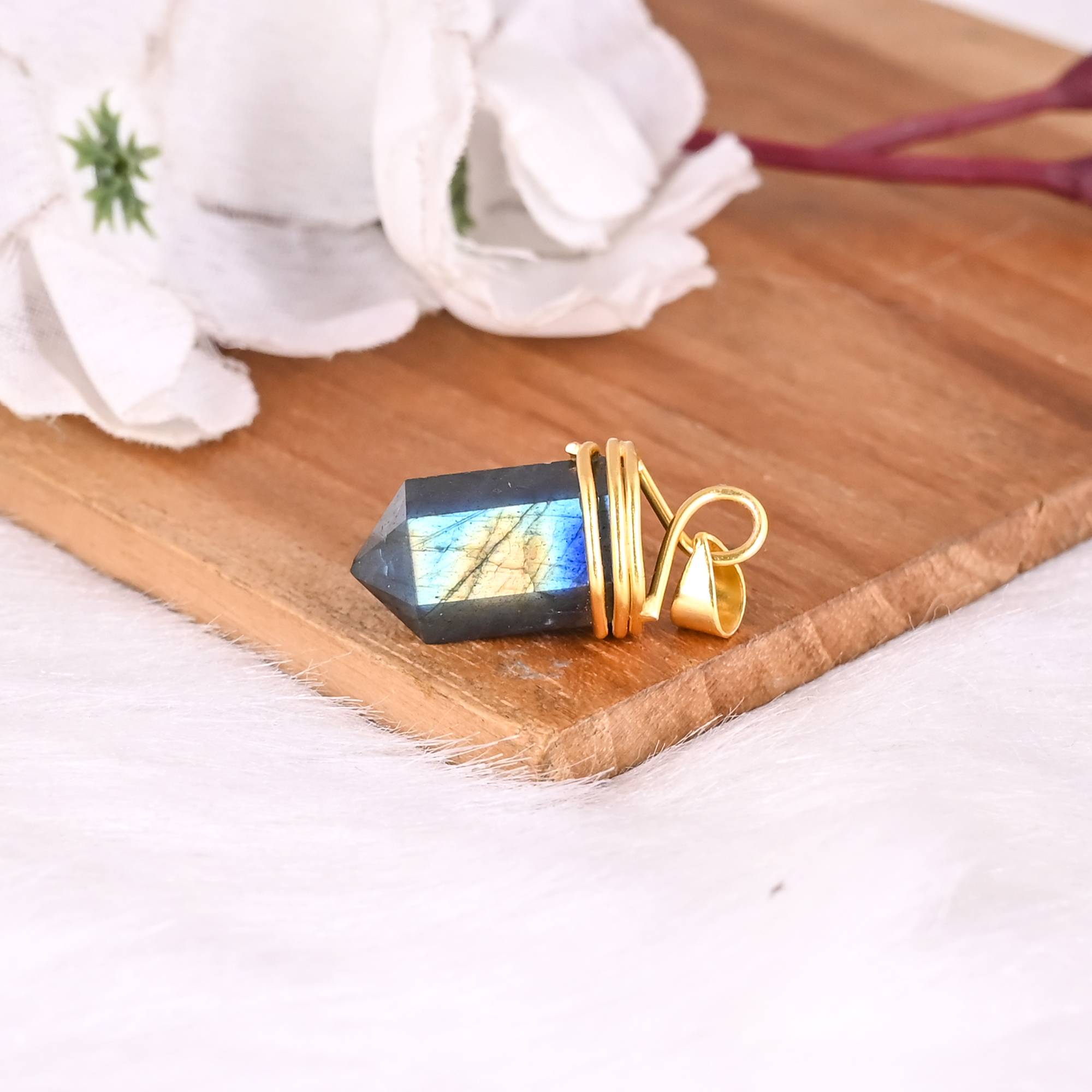 Natural Labradorite Pencil Pendant Brass Wrapped Crystal Point Gemstone Jewelry