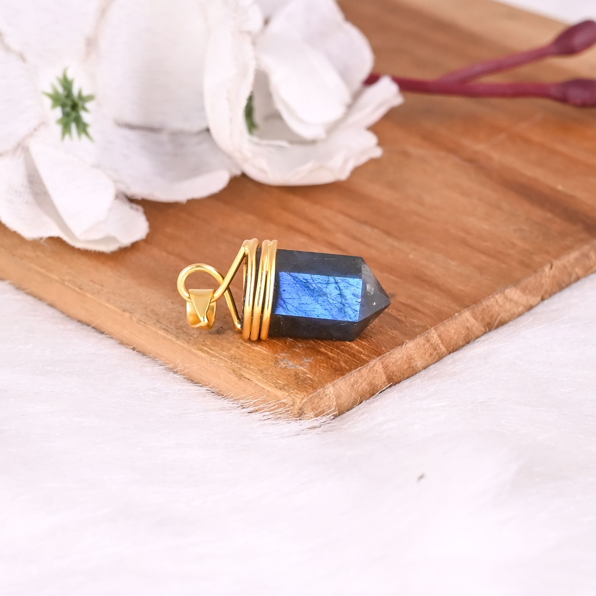 Natural Labradorite Pencil Pendant Brass Wrapped Crystal Point Gemstone Jewelry