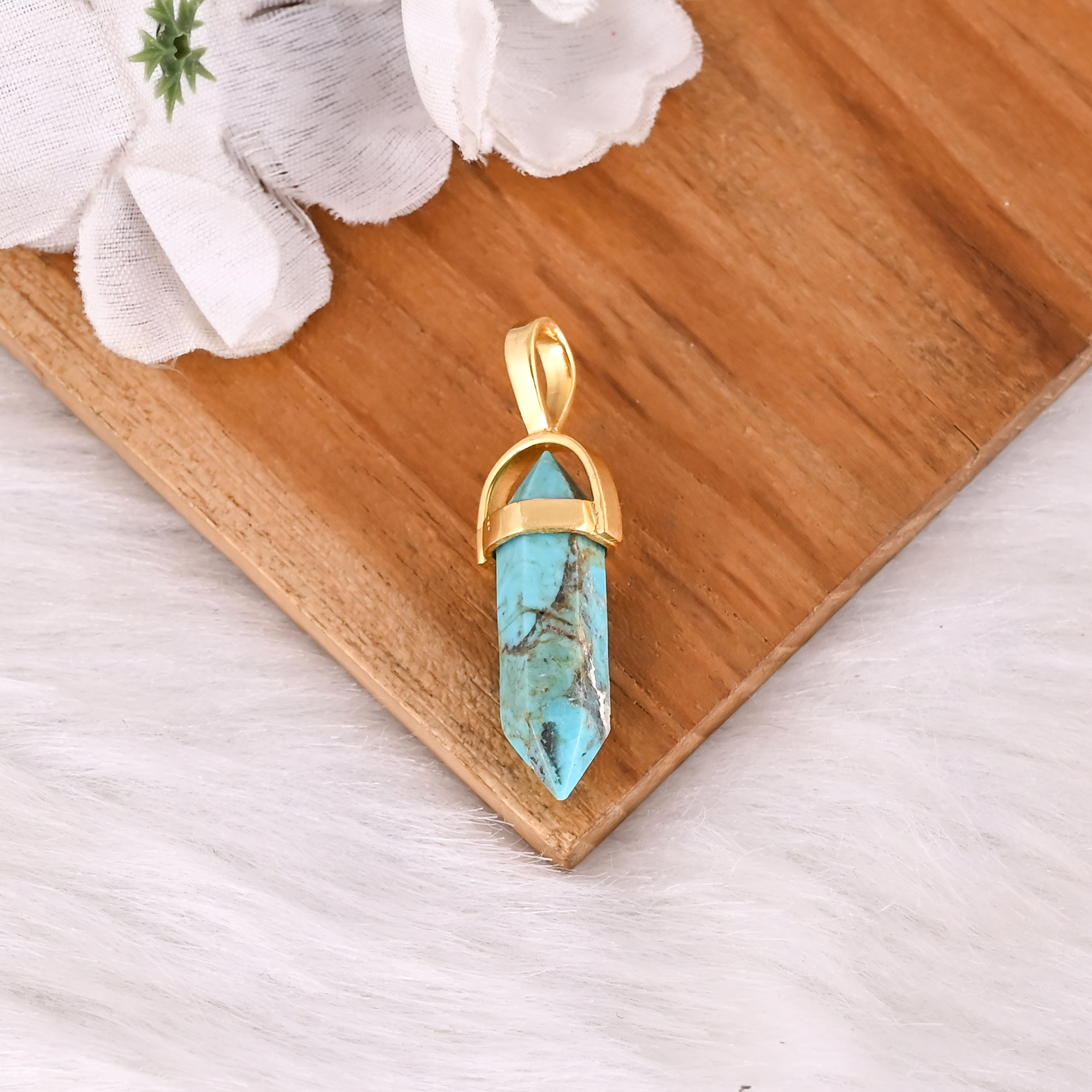 Handmade Gold Plated Brass Natural Turquoise Pendant Unisex Jewelry