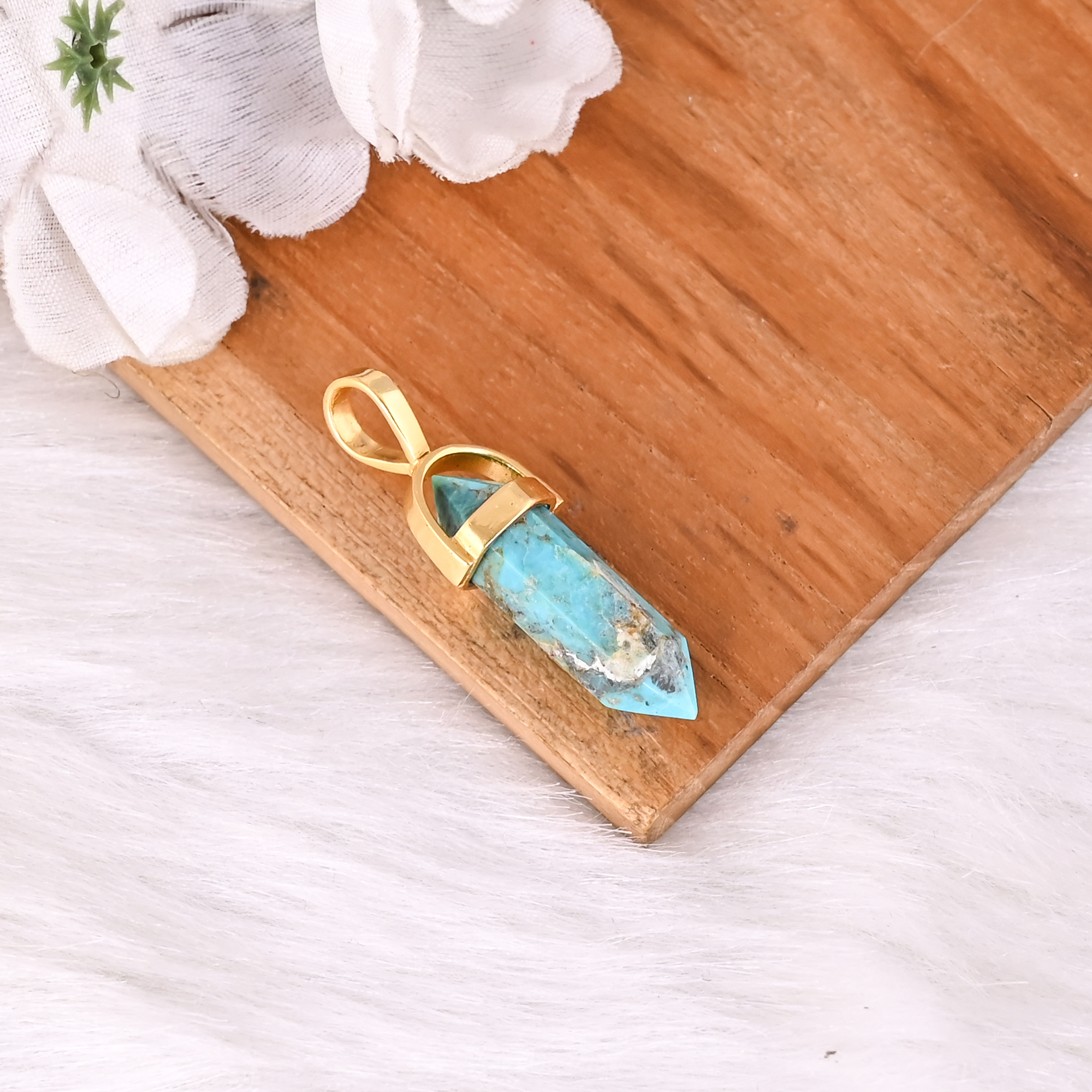 Handmade Gold Plated Brass Natural Turquoise Pendant Unisex Jewelry