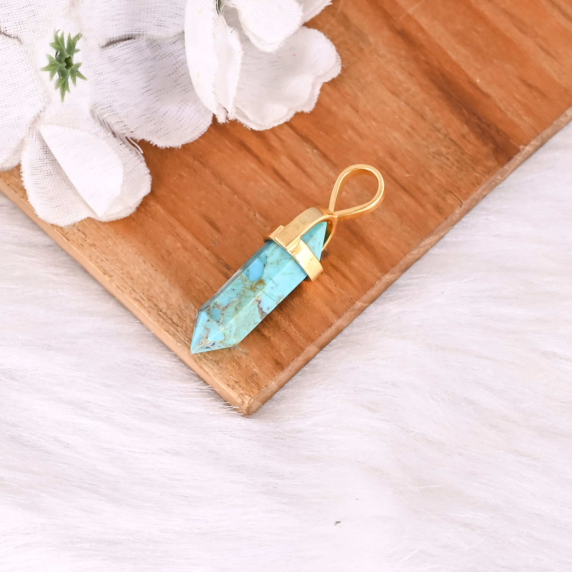 Handmade Gold Plated Brass Natural Turquoise Pendant Unisex Jewelry