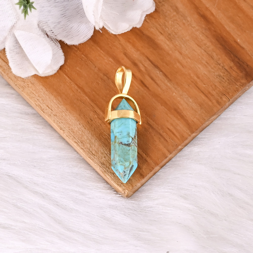 Image of Handmade Gold Plated Brass Natural Turquoise Pendant Unisex Jewelry