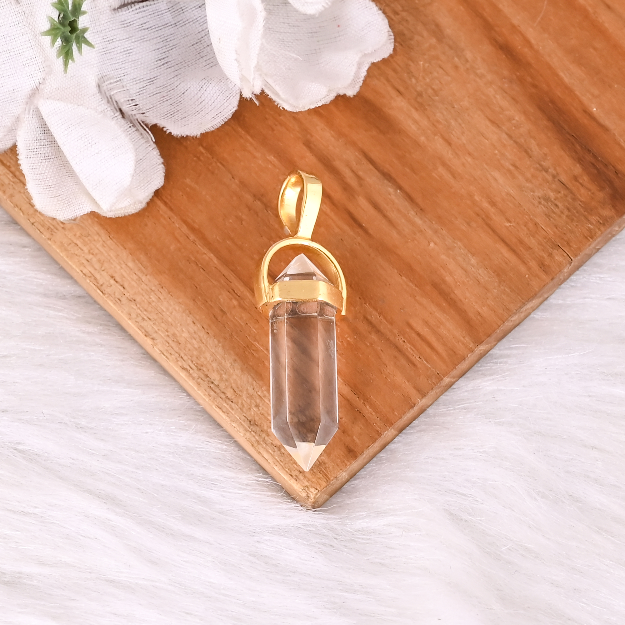 Clear Quartz Crystal Point Pendant Gold Plated Brass Pencil Gemstone Jewelry
