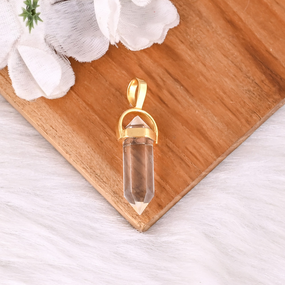 Image of Clear Quartz Crystal Point Pendant Gold Plated Brass Pencil Gemstone Jewelry