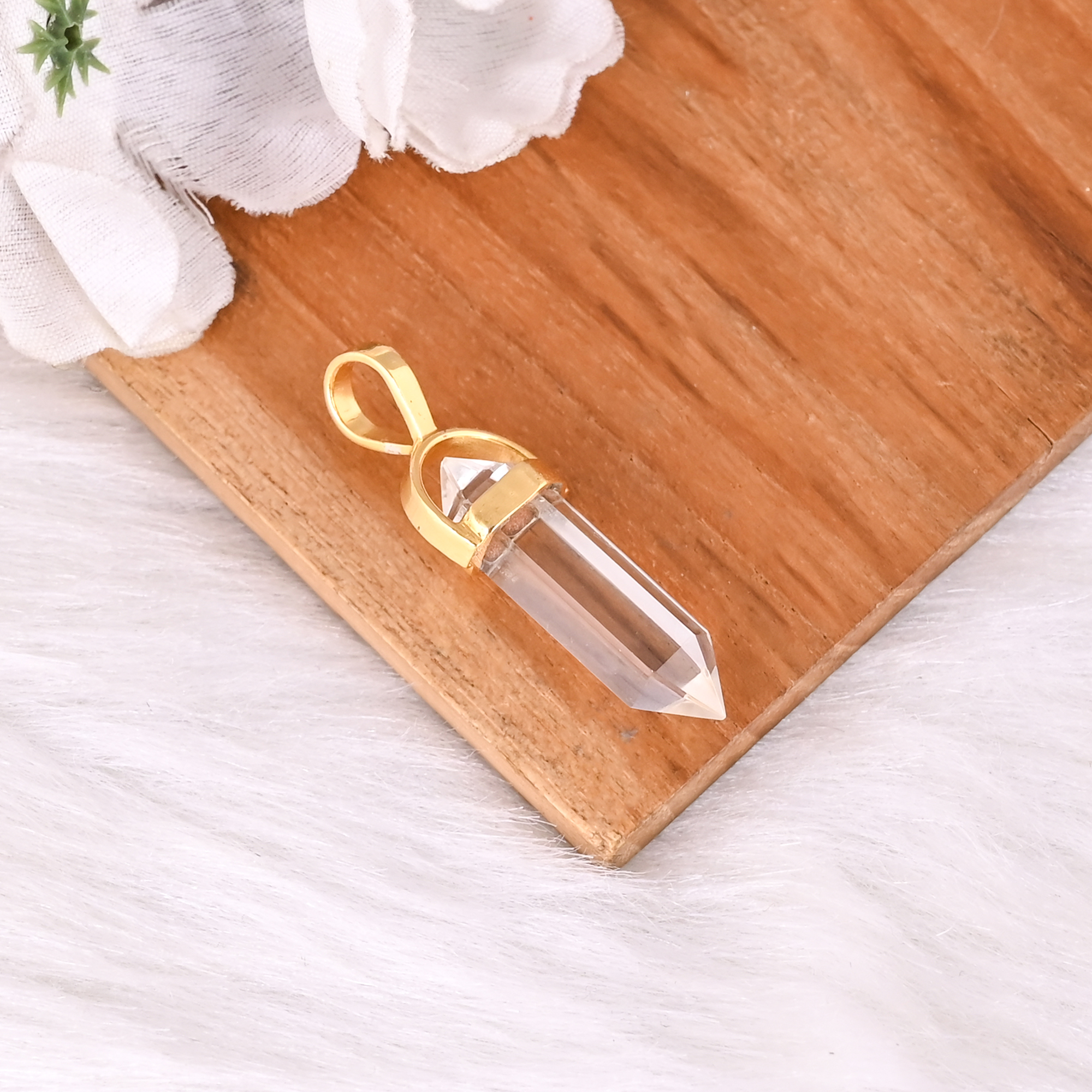 Clear Quartz Crystal Point Pendant Gold Plated Brass Pencil Gemstone Jewelry