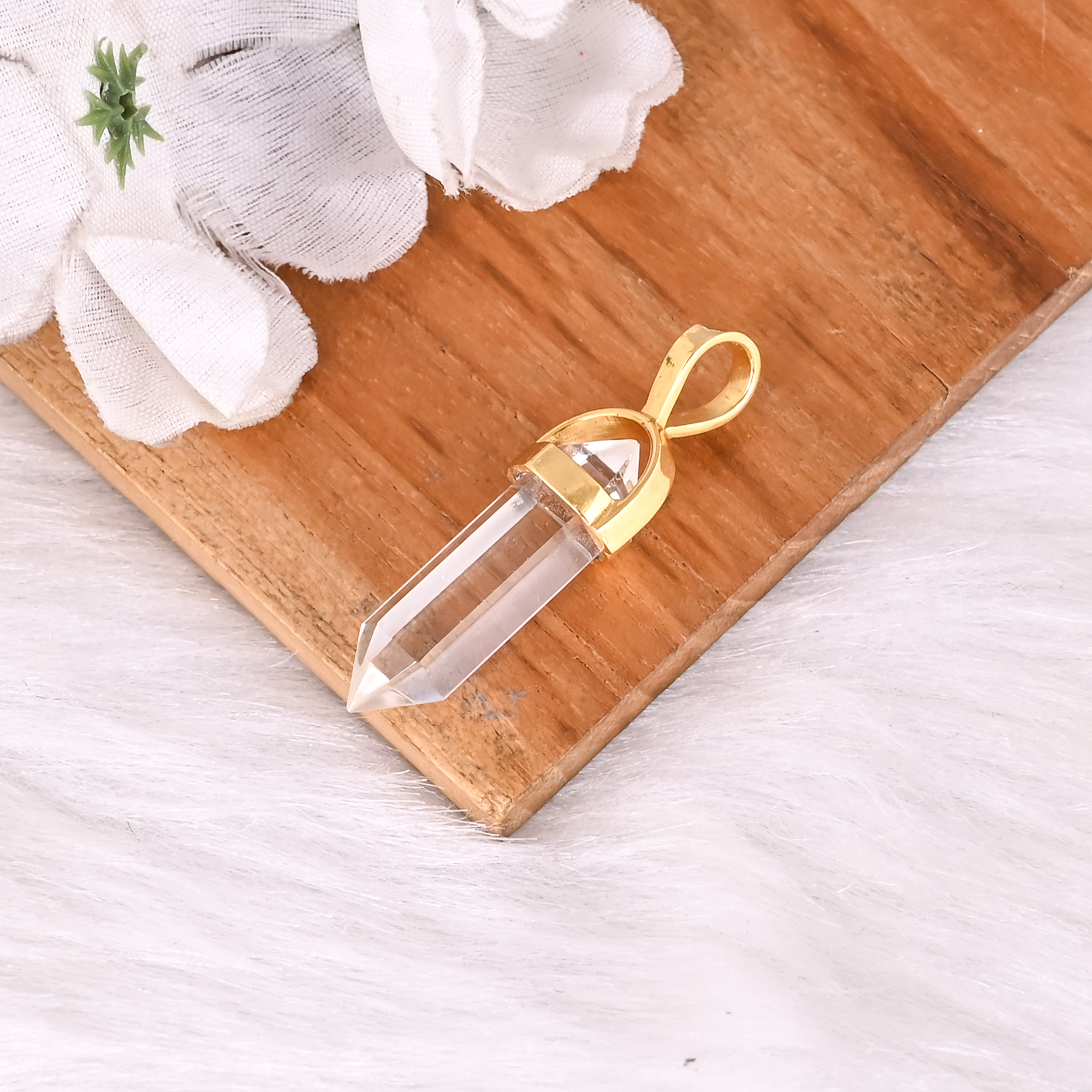 Clear Quartz Crystal Point Pendant Gold Plated Brass Pencil Gemstone Jewelry