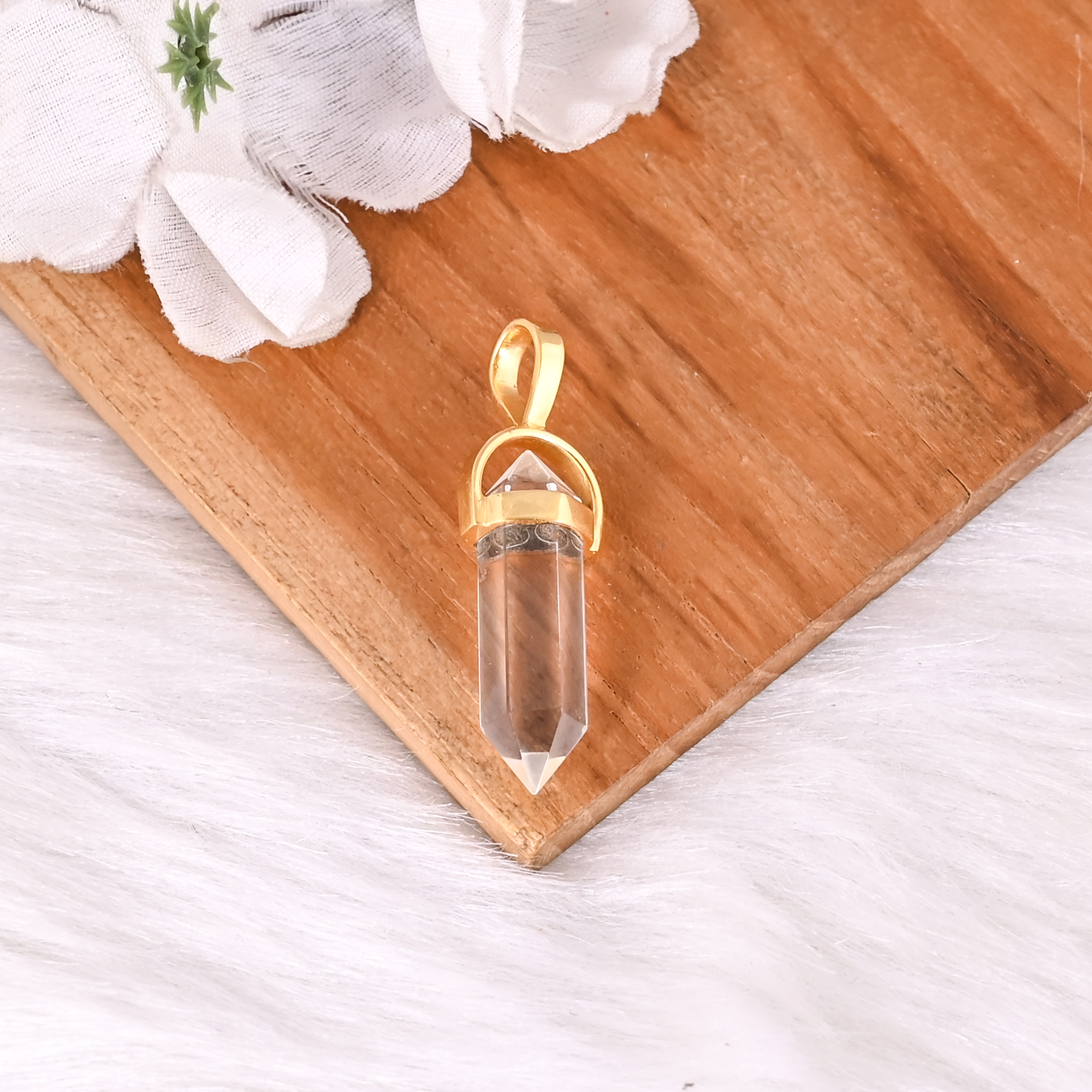 Clear Quartz Crystal Point Pendant Gold Plated Brass Pencil Gemstone Jewelry