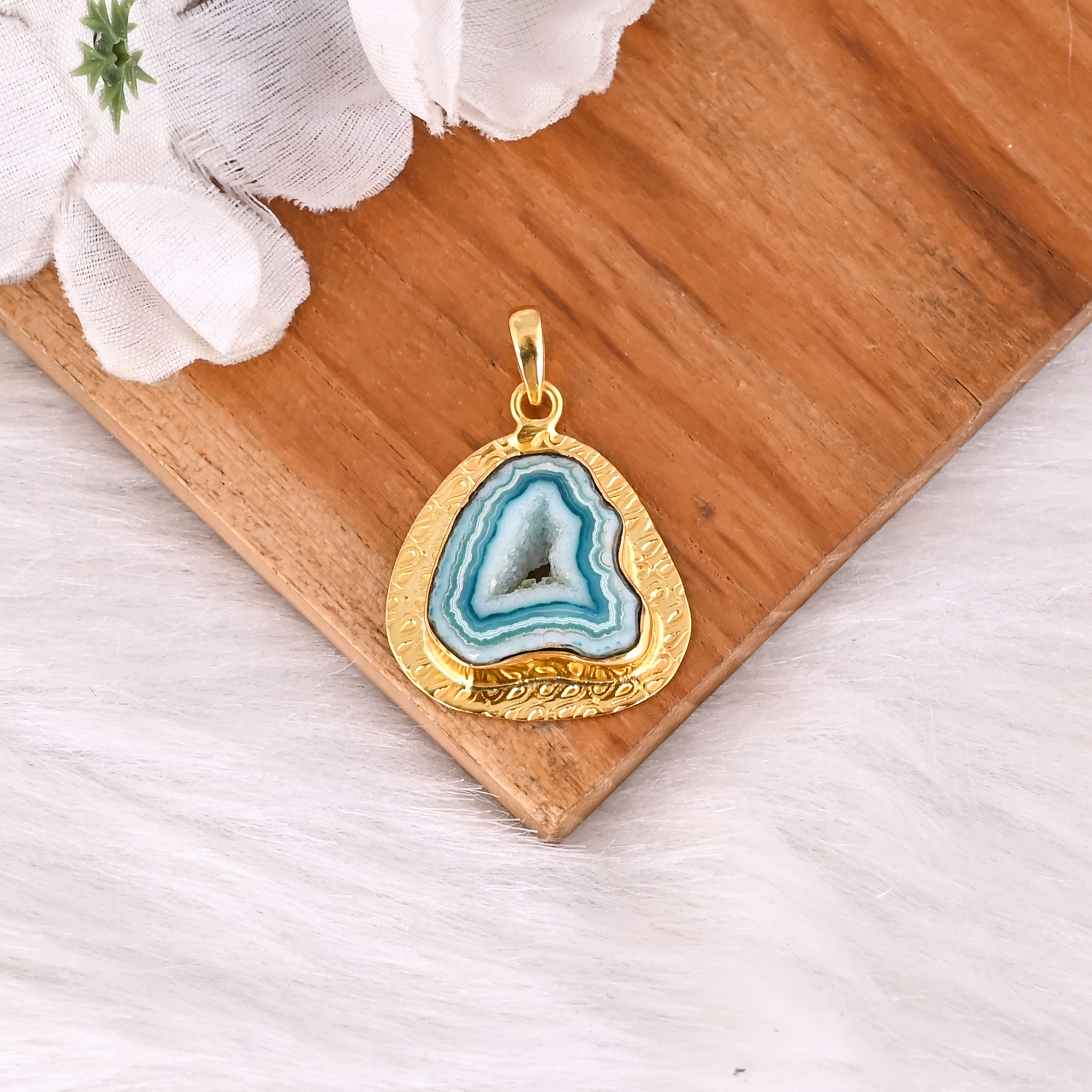 Handmade Natural Window Druzy Gold Plated Brass Pendant For Women