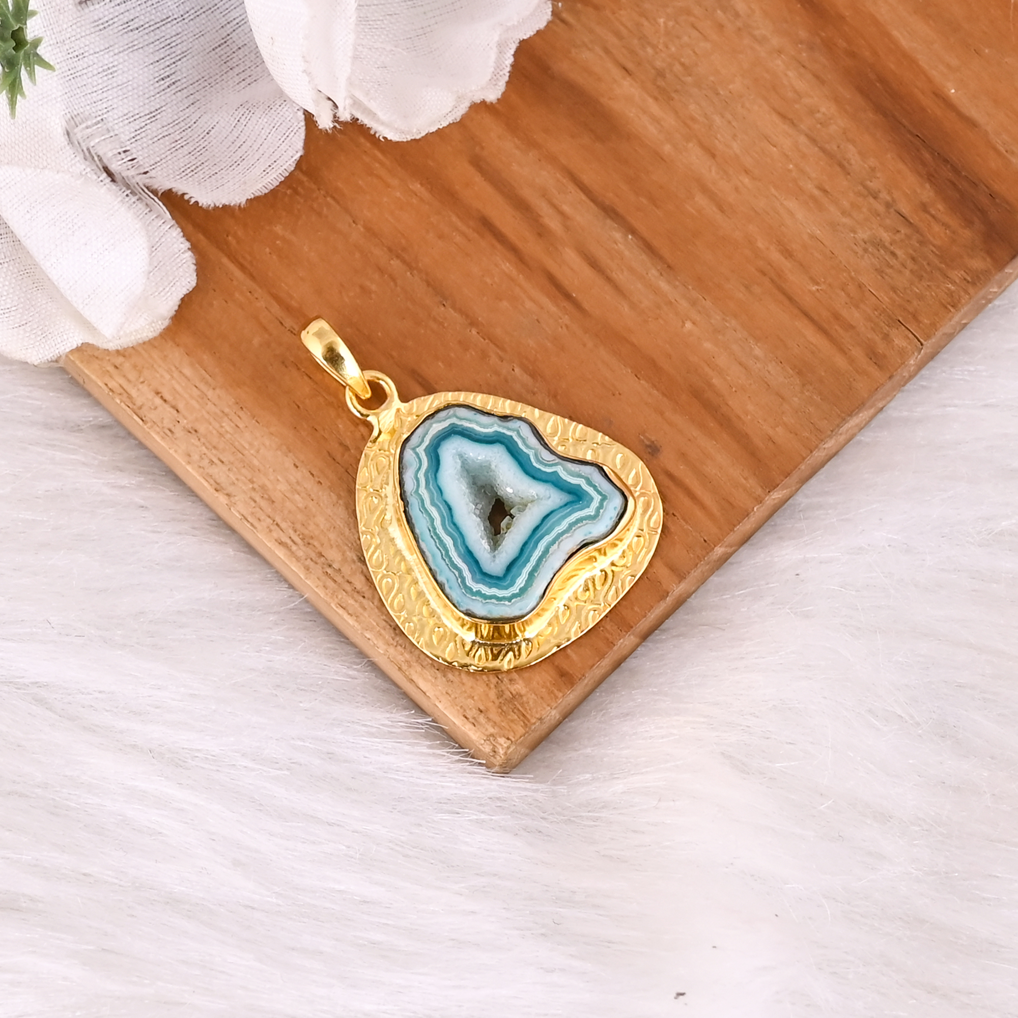Handmade Natural Window Druzy Gold Plated Brass Pendant For Women