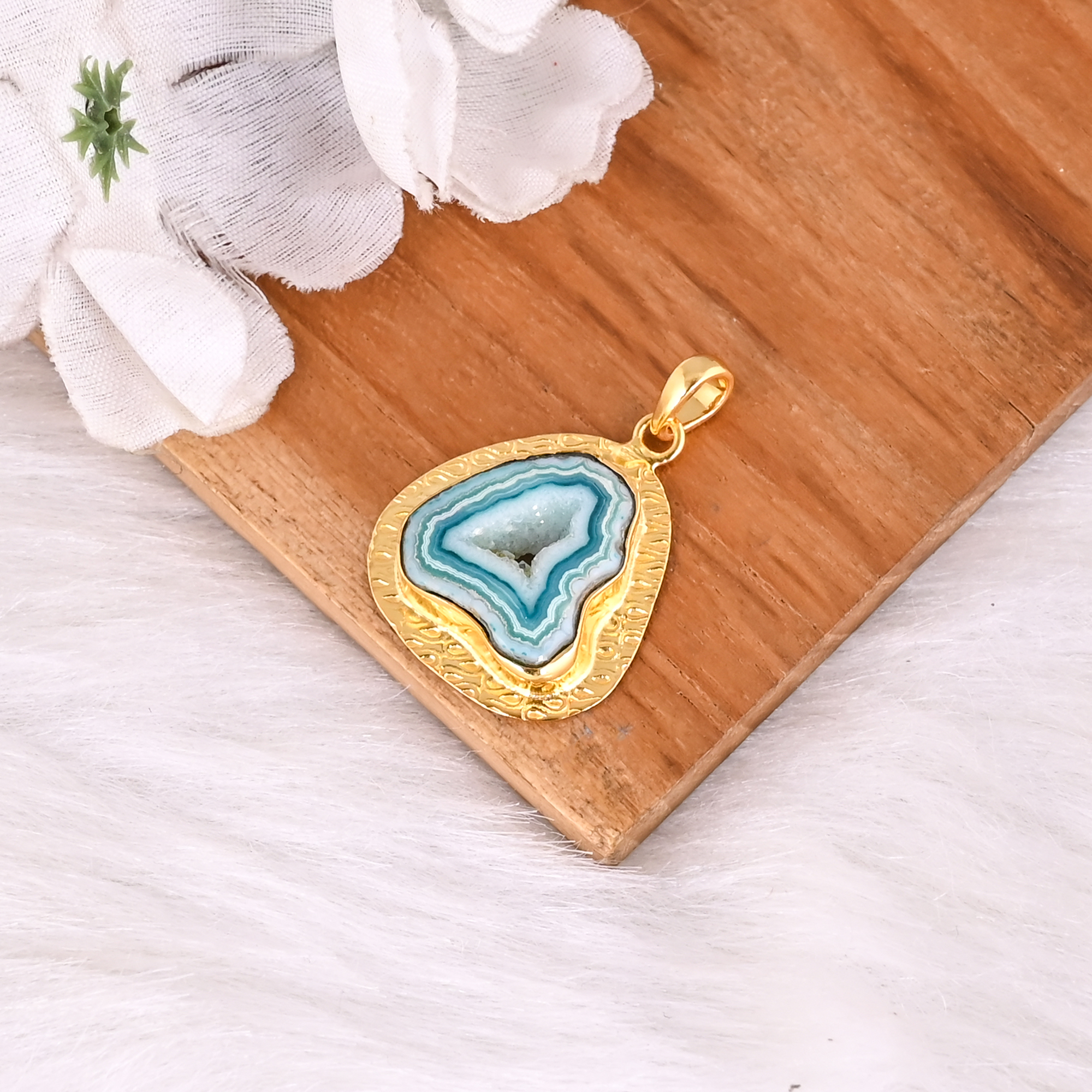 Handmade Natural Window Druzy Gold Plated Brass Pendant For Women