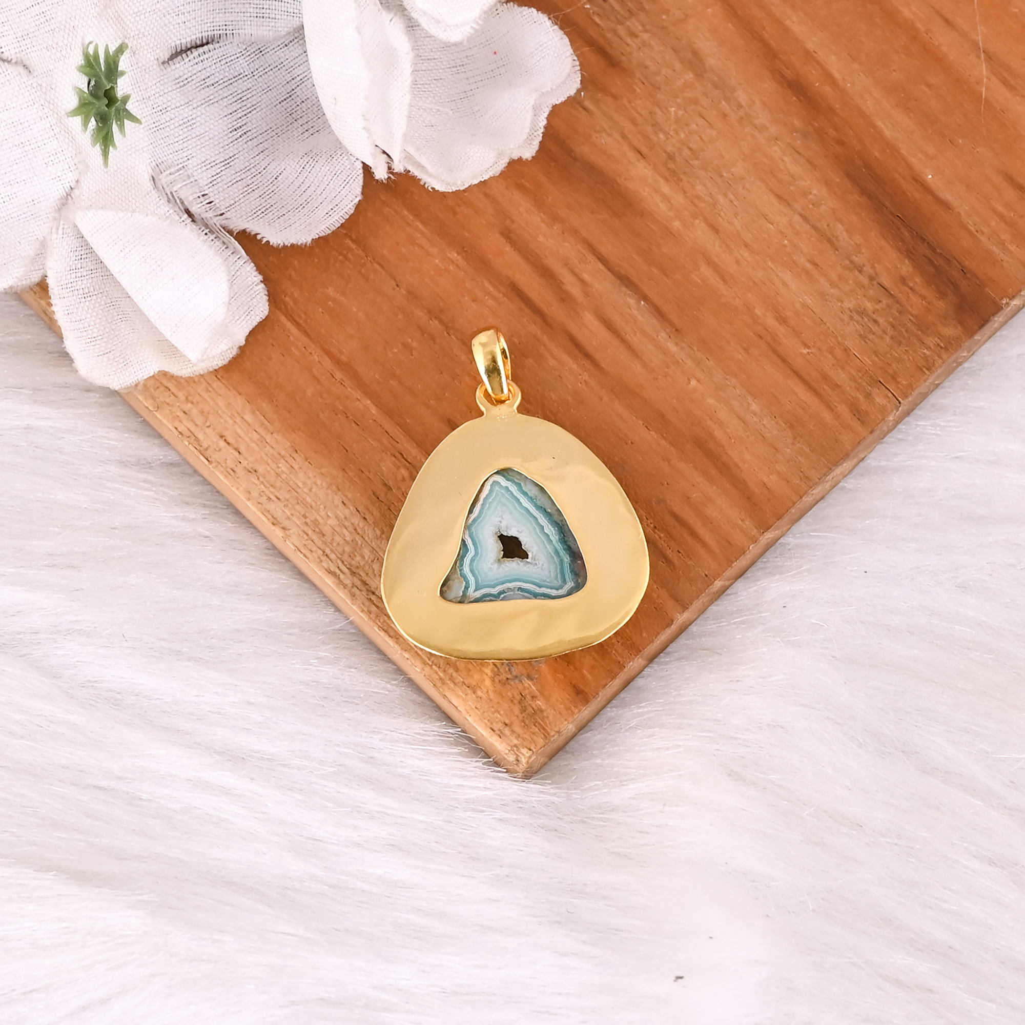 Handmade Natural Window Druzy Gold Plated Brass Pendant For Women
