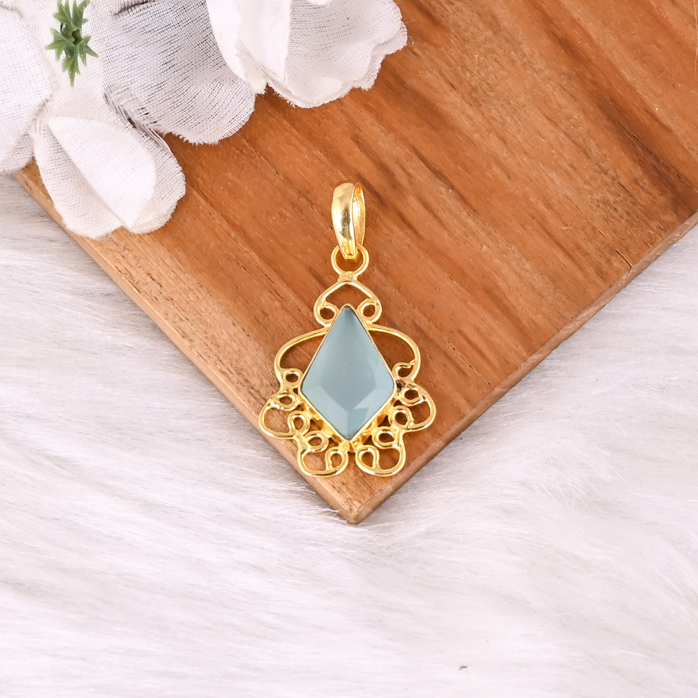 Image of Natural Aqua Chalcedony Gold Plated Designer Brass Pendant For Women Handmade Fashion Jewelry