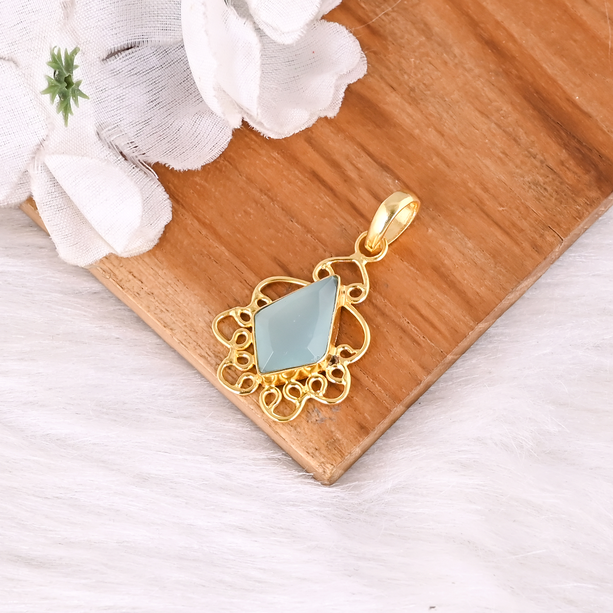 Natural Aqua Chalcedony Gold Plated Designer Brass Pendant For Women Handmade Fashion Jewelry
