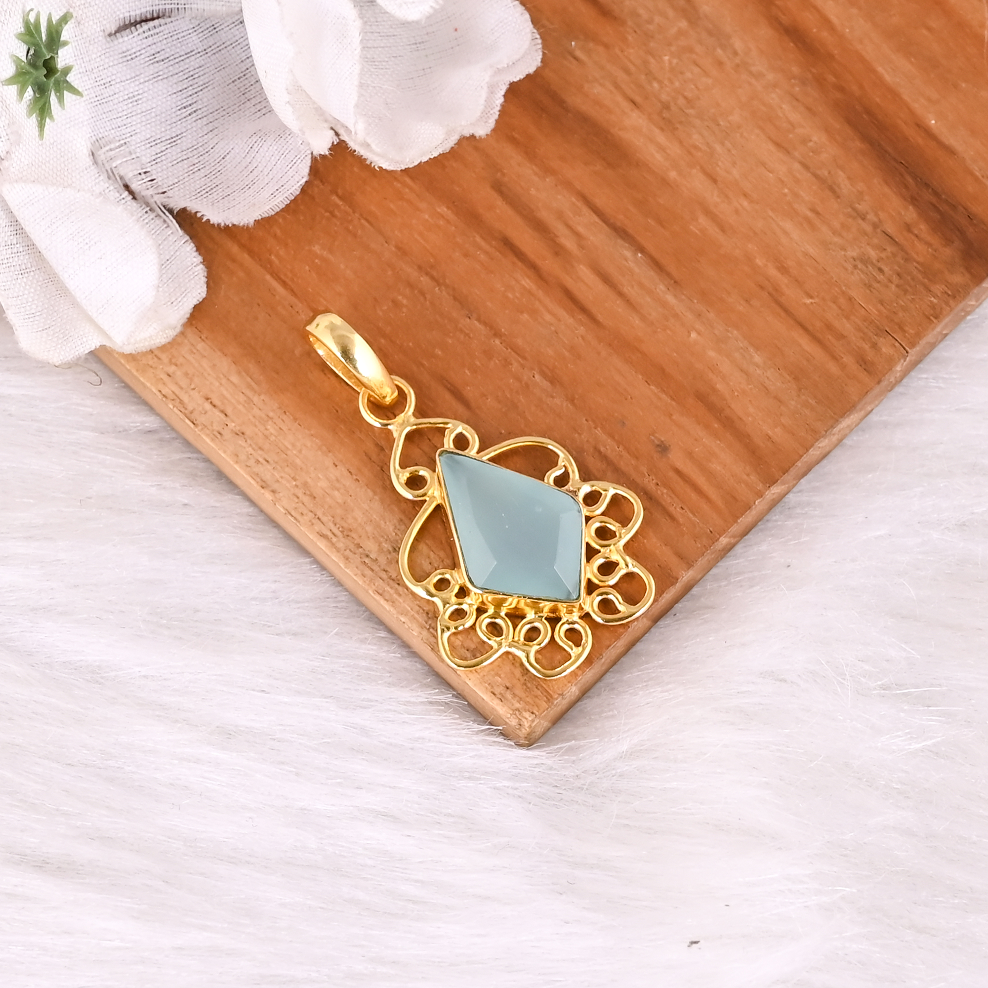 Natural Aqua Chalcedony Gold Plated Designer Brass Pendant For Women Handmade Fashion Jewelry