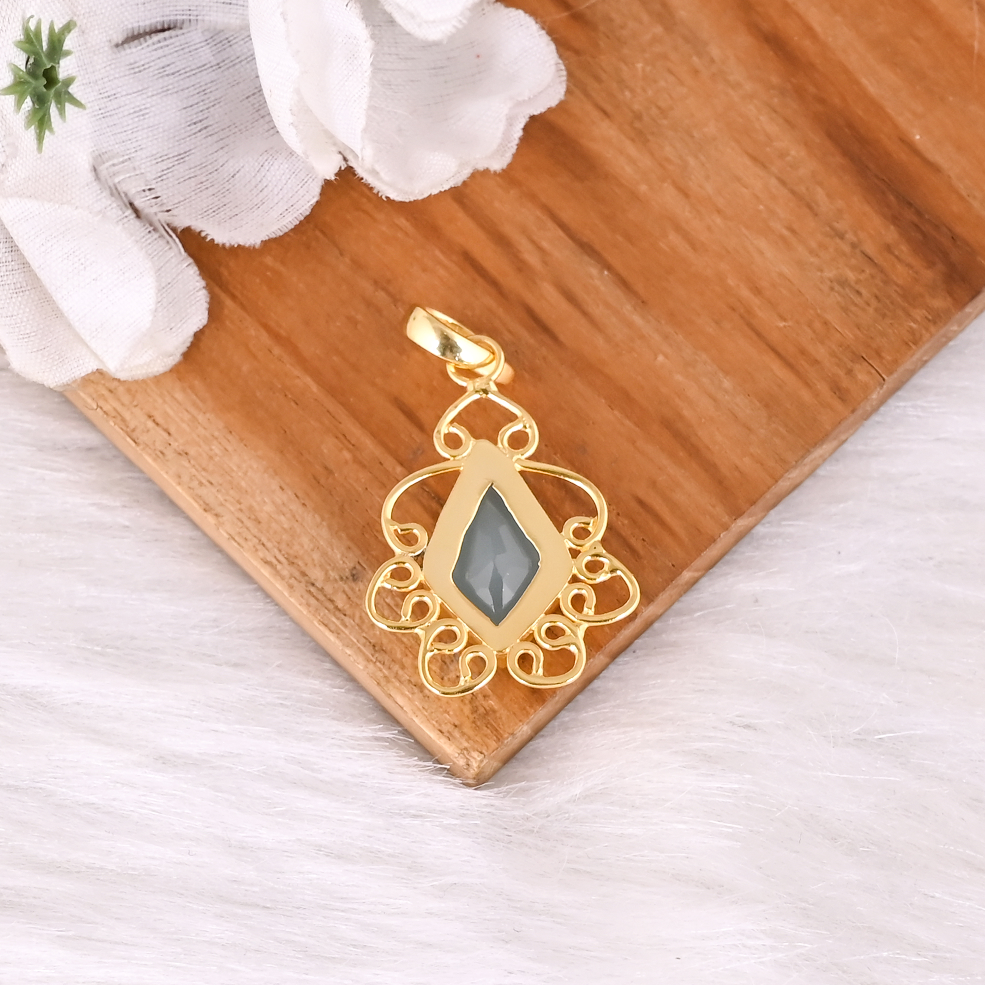 Natural Aqua Chalcedony Gold Plated Designer Brass Pendant For Women Handmade Fashion Jewelry