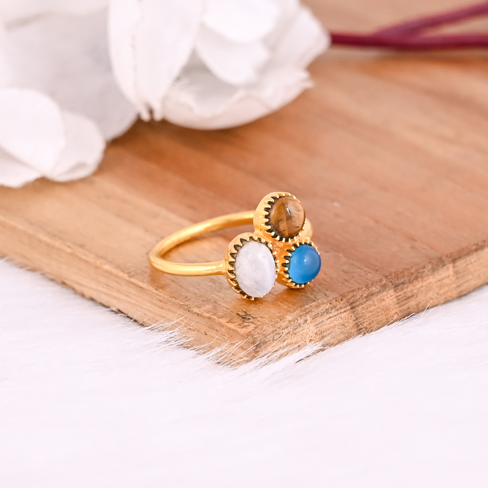925 Sterling Silver Moonstone Tiger Eye Blue Quartz Handmade Designer Yellow Gold Plated Stackable Ring