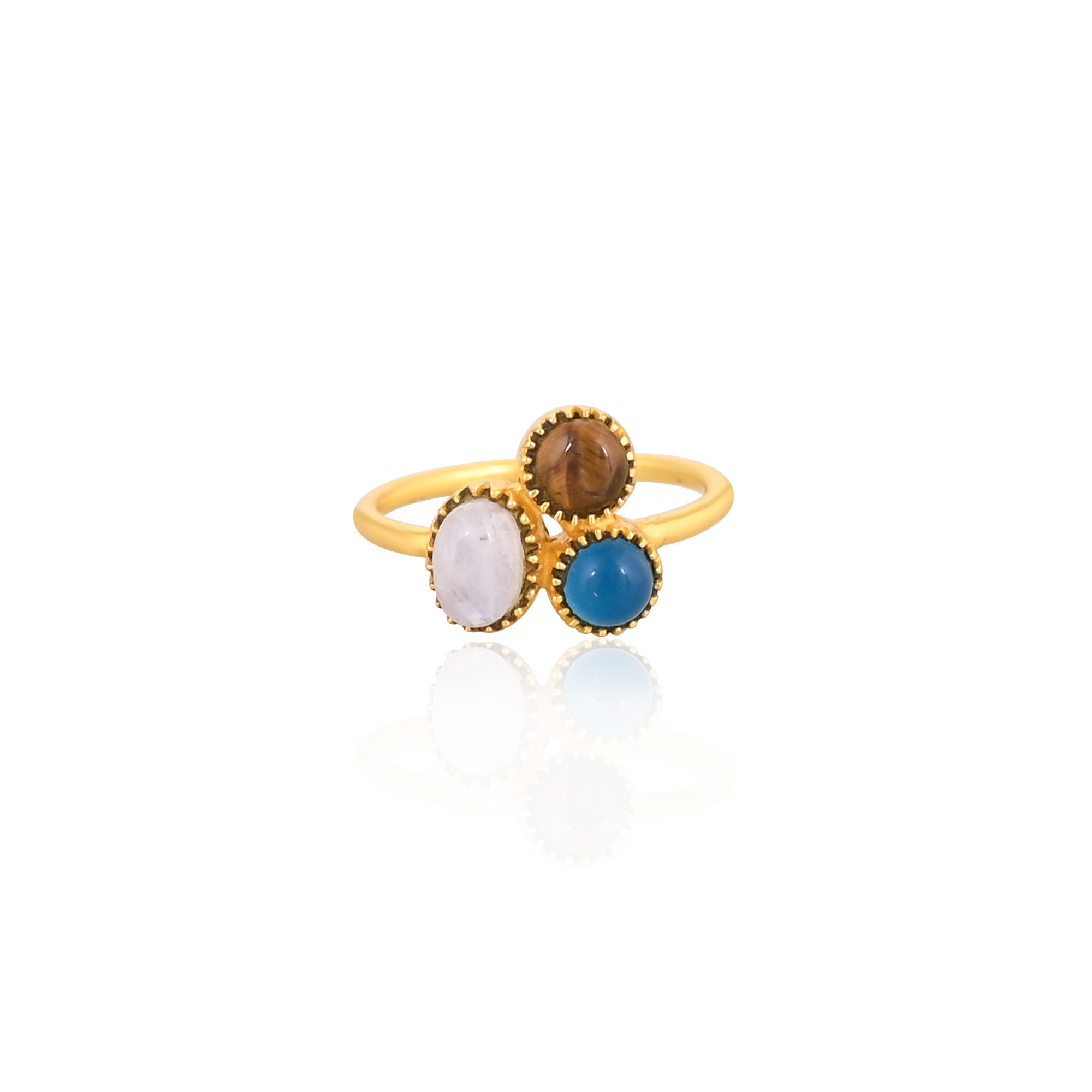 925 Sterling Silver Moonstone Tiger Eye Blue Quartz Handmade Designer Yellow Gold Plated Stackable Ring