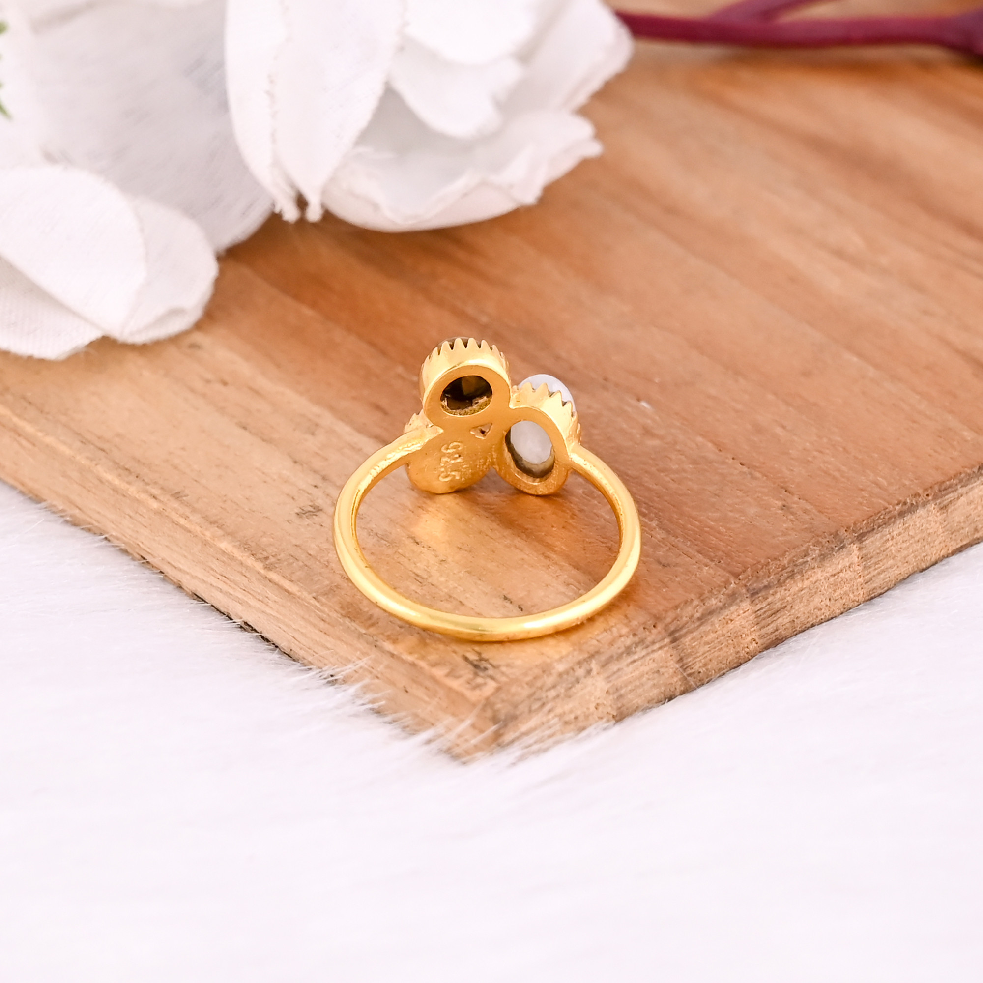 925 Sterling Silver Moonstone Tiger Eye Blue Quartz Handmade Designer Yellow Gold Plated Stackable Ring