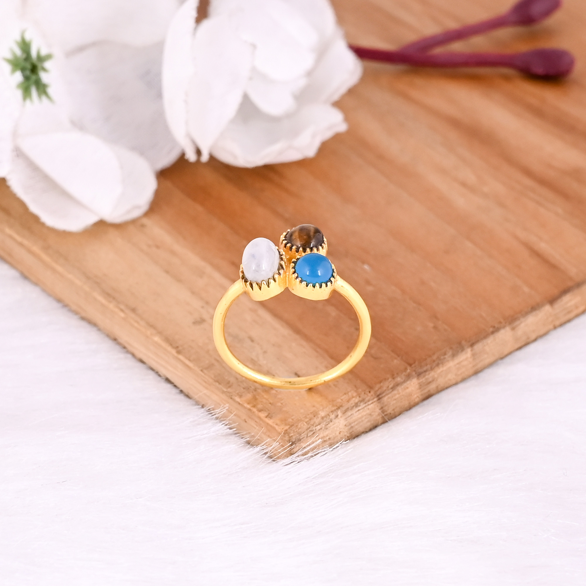 925 Sterling Silver Moonstone Tiger Eye Blue Quartz Handmade Designer Yellow Gold Plated Stackable Ring
