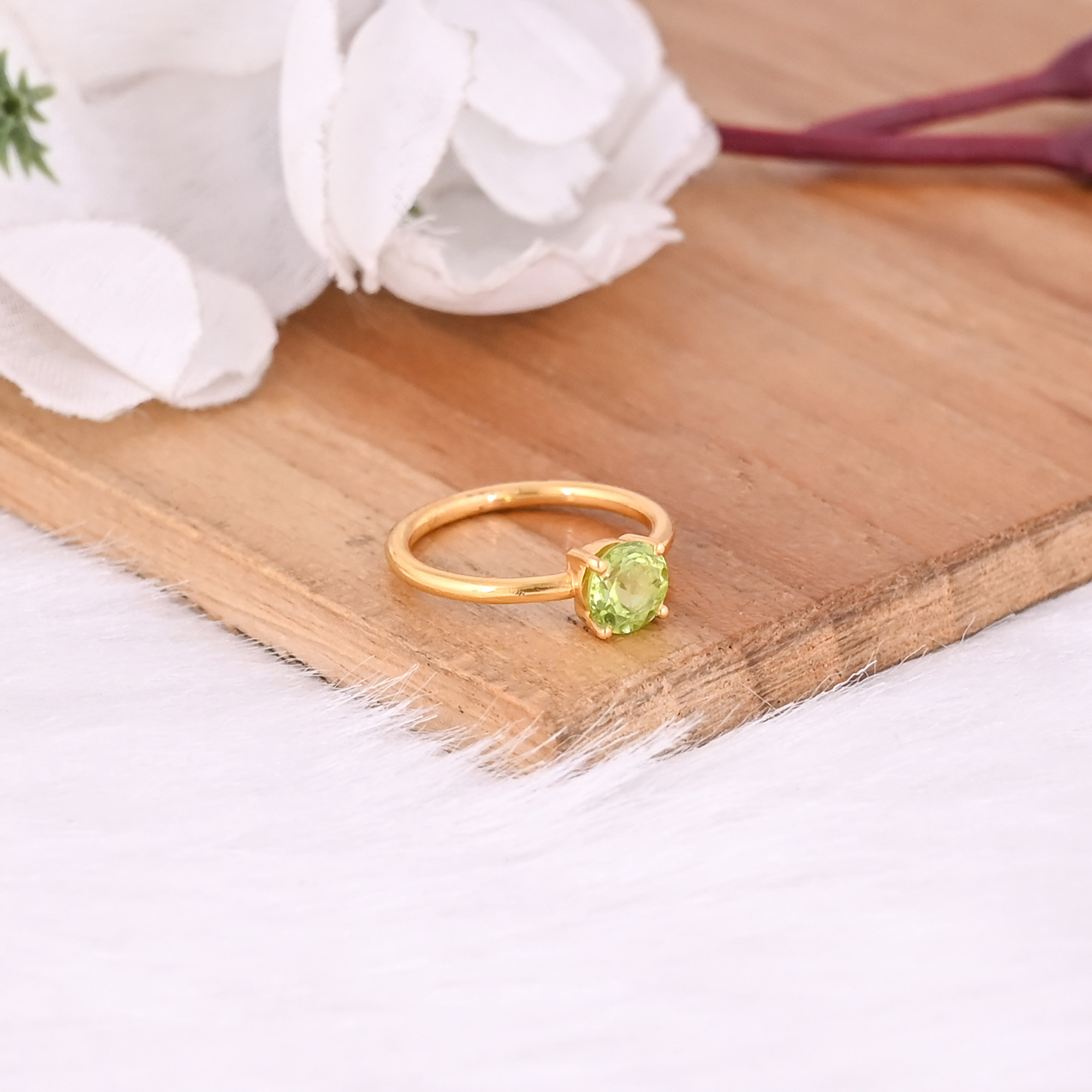 925 Sterling Solid Silver Natural Peridot Round Gemstone Prong Setting Stacking Yellow Gold Plated Ring
