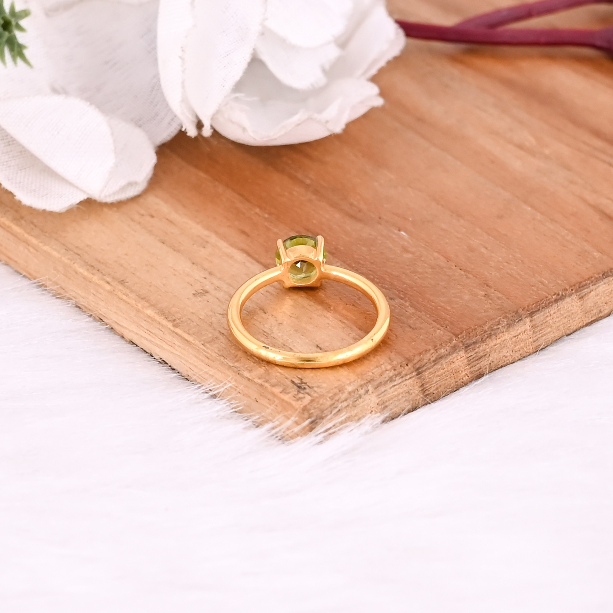 925 Sterling Solid Silver Natural Peridot Round Gemstone Prong Setting Stacking Yellow Gold Plated Ring