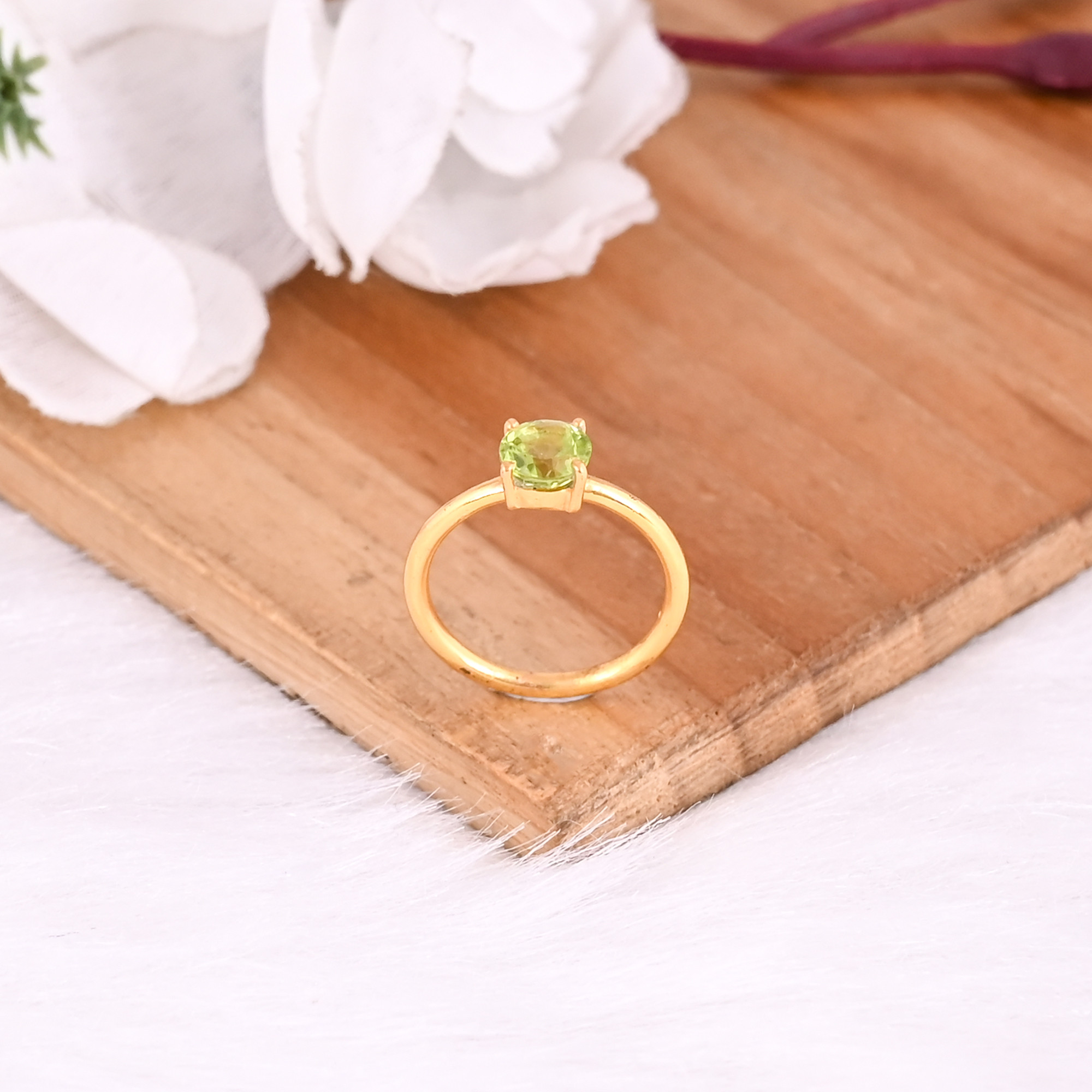 925 Sterling Solid Silver Natural Peridot Round Gemstone Prong Setting Stacking Yellow Gold Plated Ring