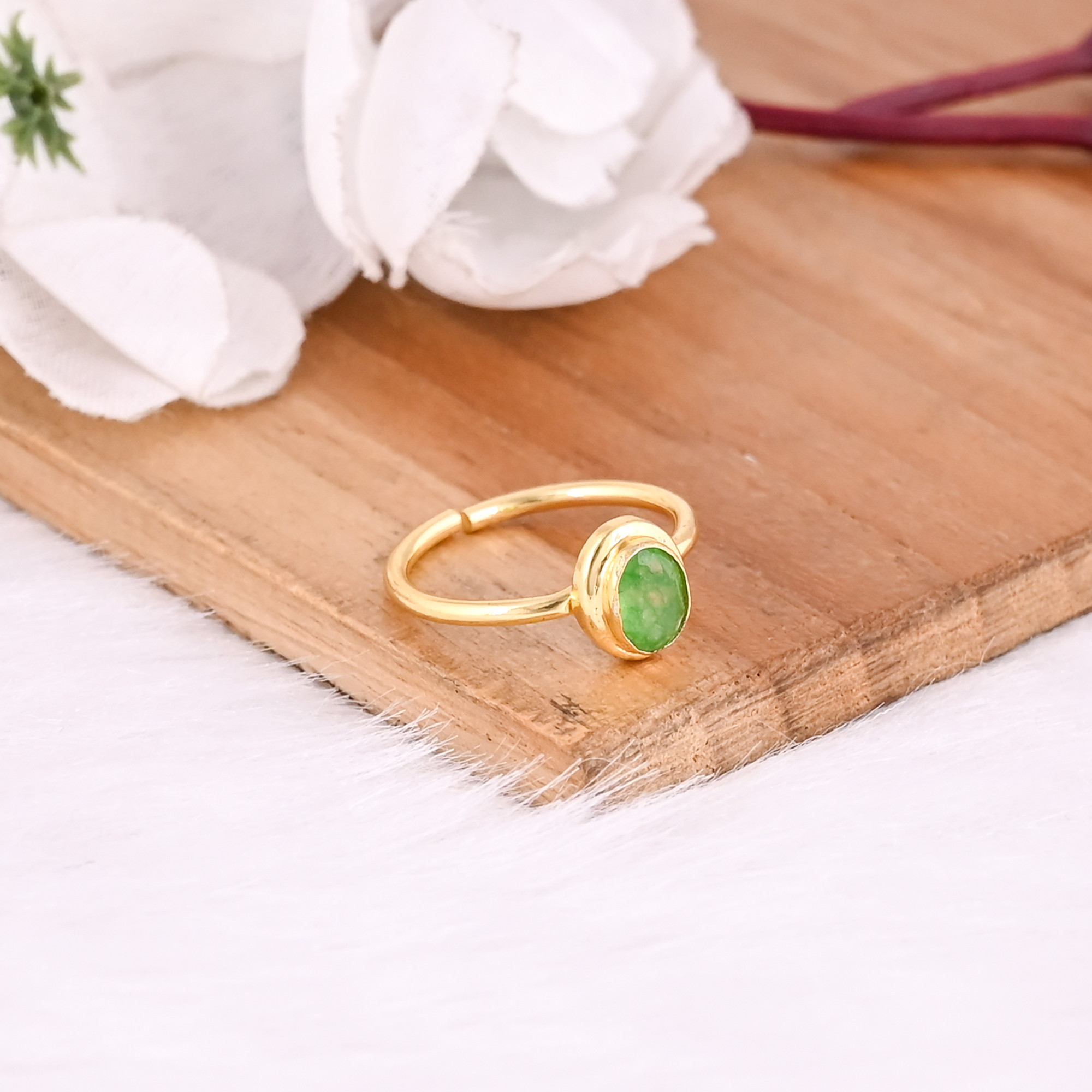 925 Sterling Silver Green Jade handmade Designer Yellow Gold Plated Adjustable Jewelry Bridal Gift Ring