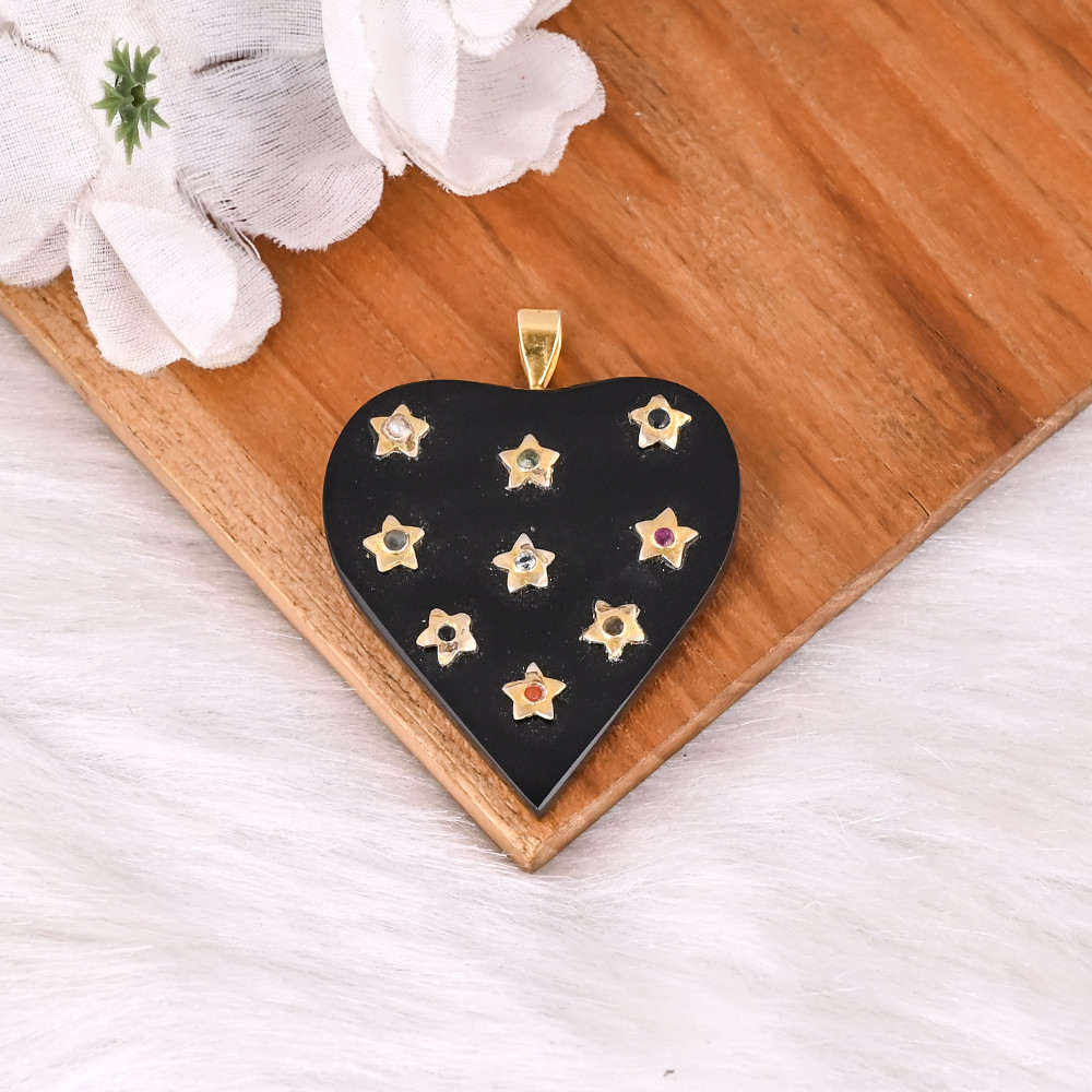 Image of Stunning Celestial Black Onyx Heart Pendant Gold Star Inlay Luxury Statement Jewelry