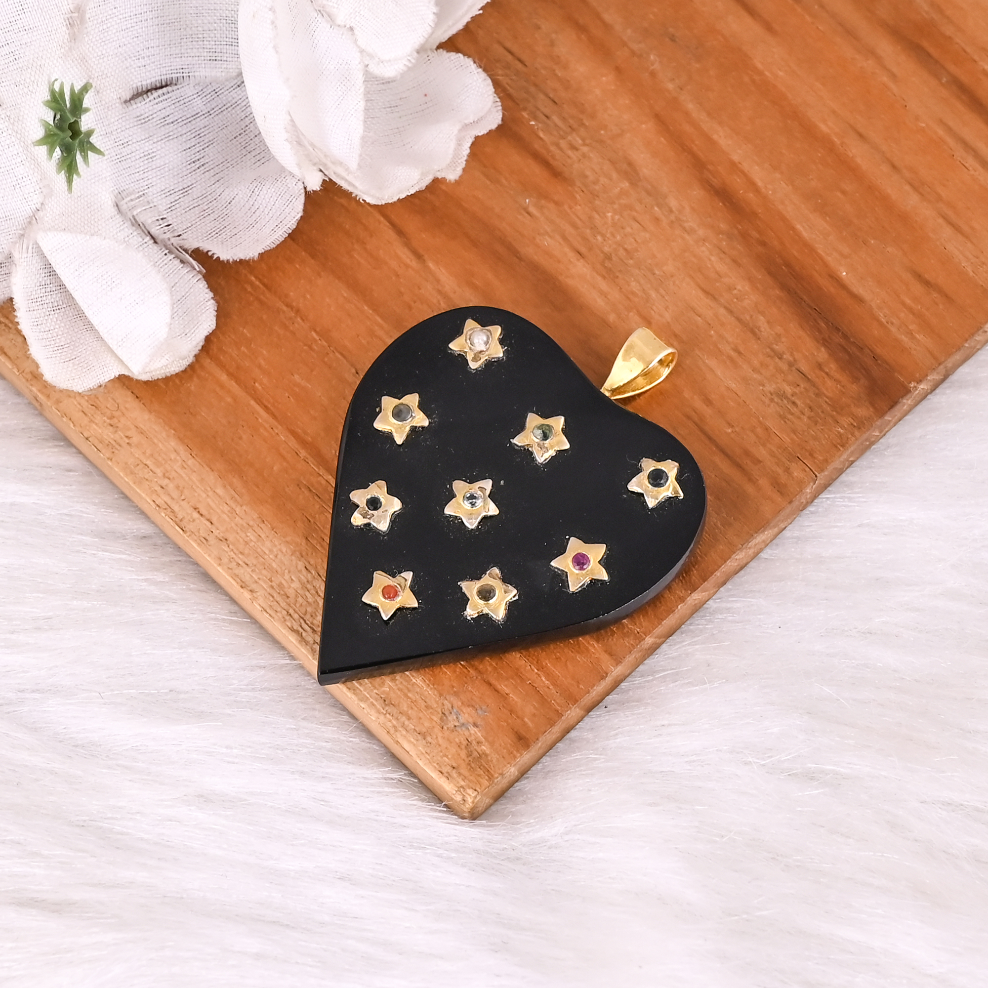Stunning Celestial Black Onyx Heart Pendant Gold Star Inlay Luxury Statement Jewelry