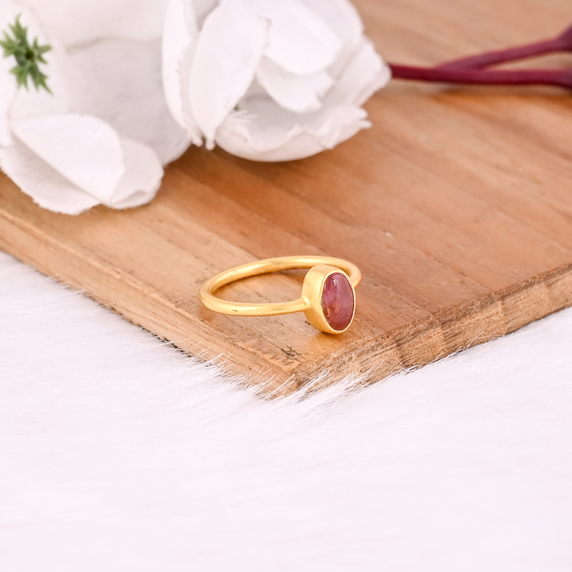925 Sterling Silver Natural Pink Tourmaline Yellow Gold Plated Handmade Stacking Ring Birthday Gift Statement Jewelry