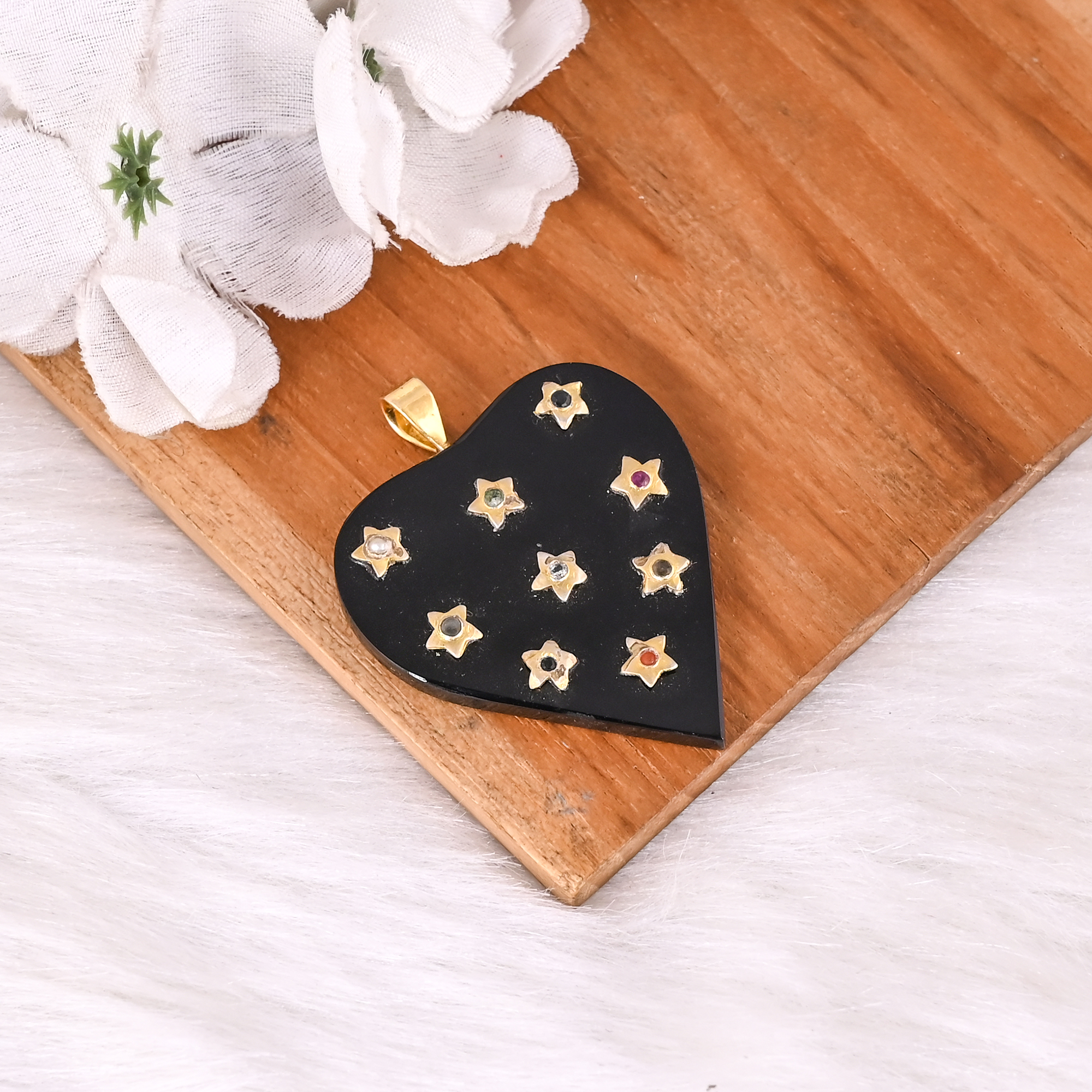 Stunning Celestial Black Onyx Heart Pendant Gold Star Inlay Luxury Statement Jewelry