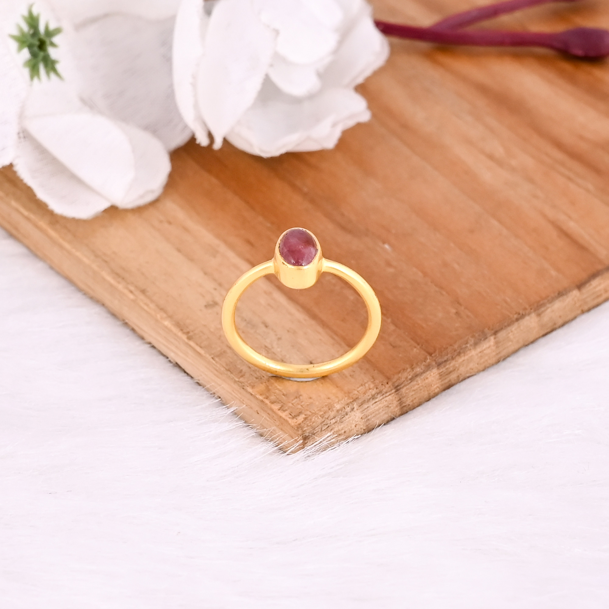 925 Sterling Silver Natural Pink Tourmaline Yellow Gold Plated Handmade Stacking Ring Birthday Gift Statement Jewelry