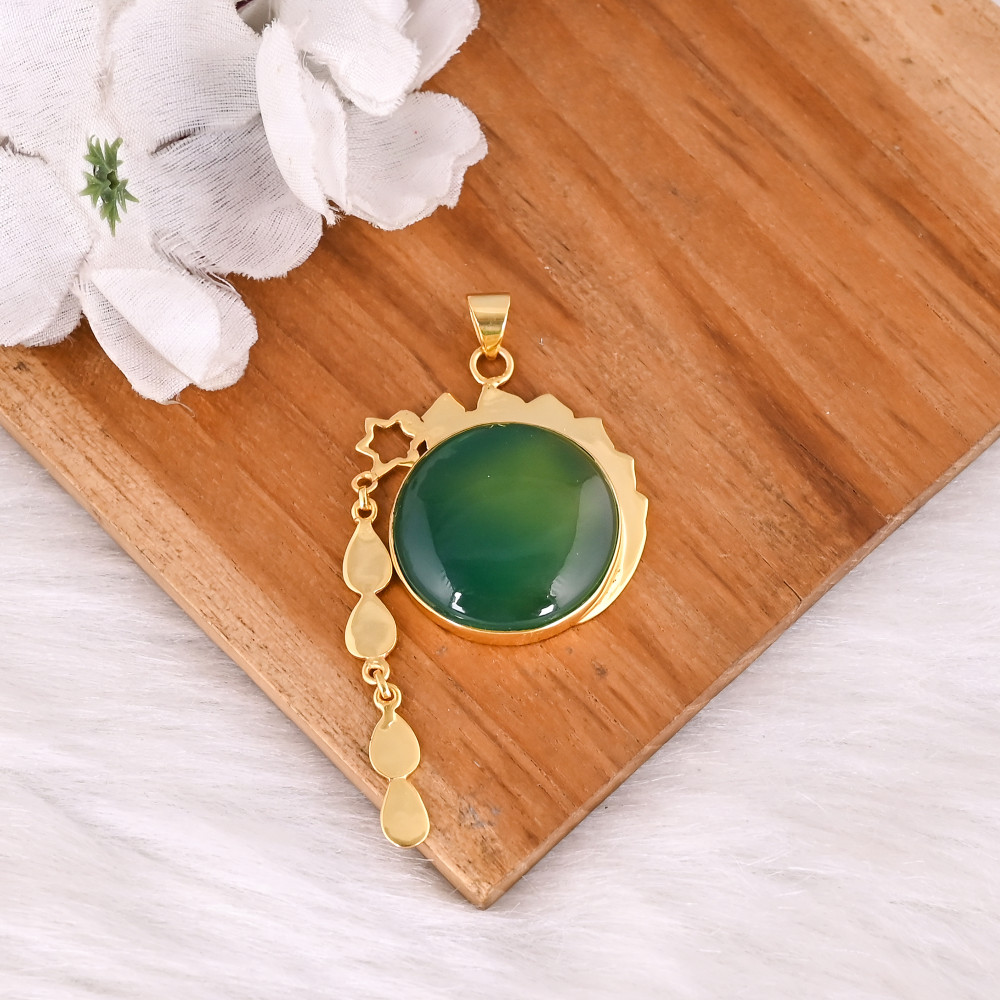 Image of Natural Green Onyx Pendant in Brass Gemstone Jewelry Elegant Designer Style