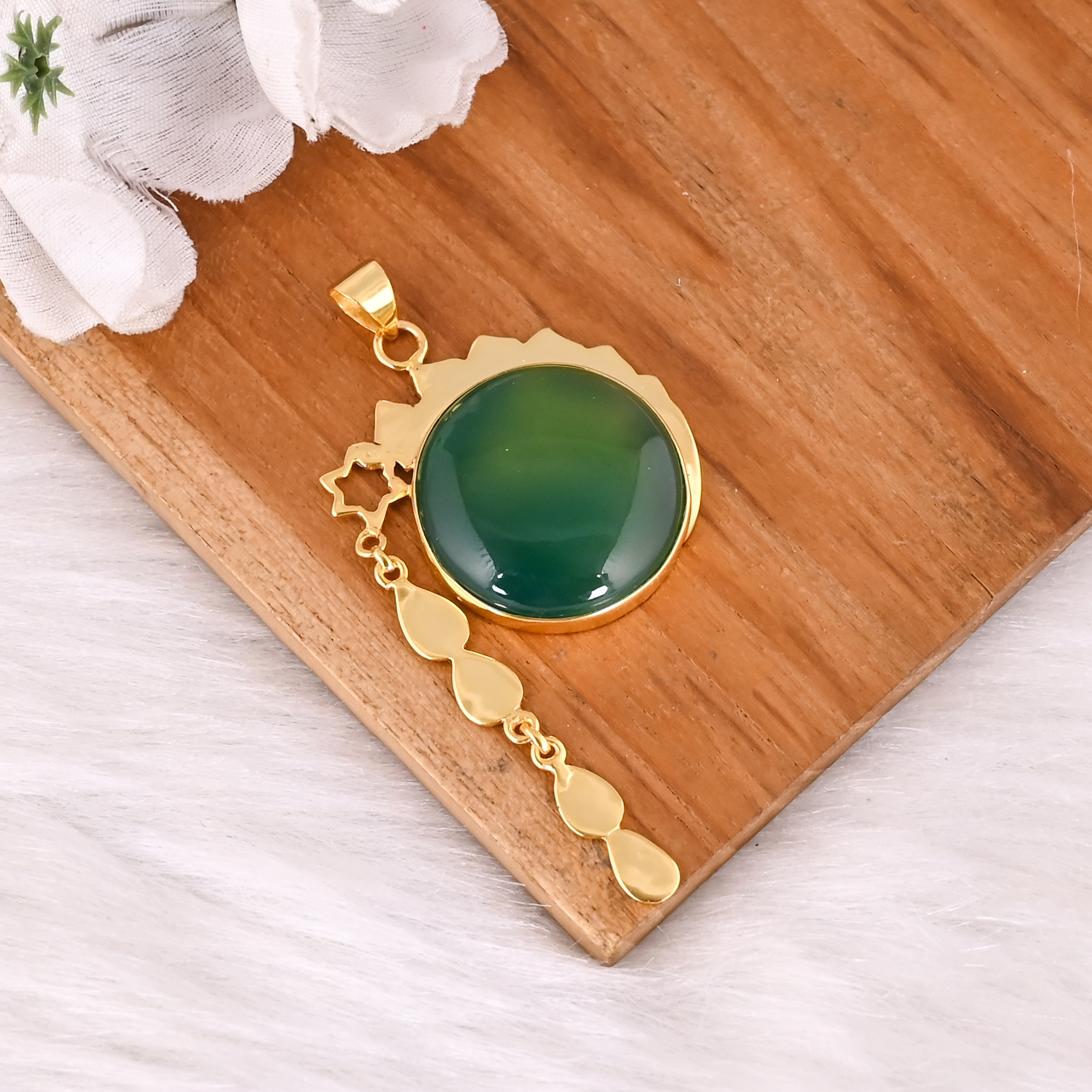 Natural Green Onyx Pendant in Brass Gemstone Jewelry Elegant Designer Style