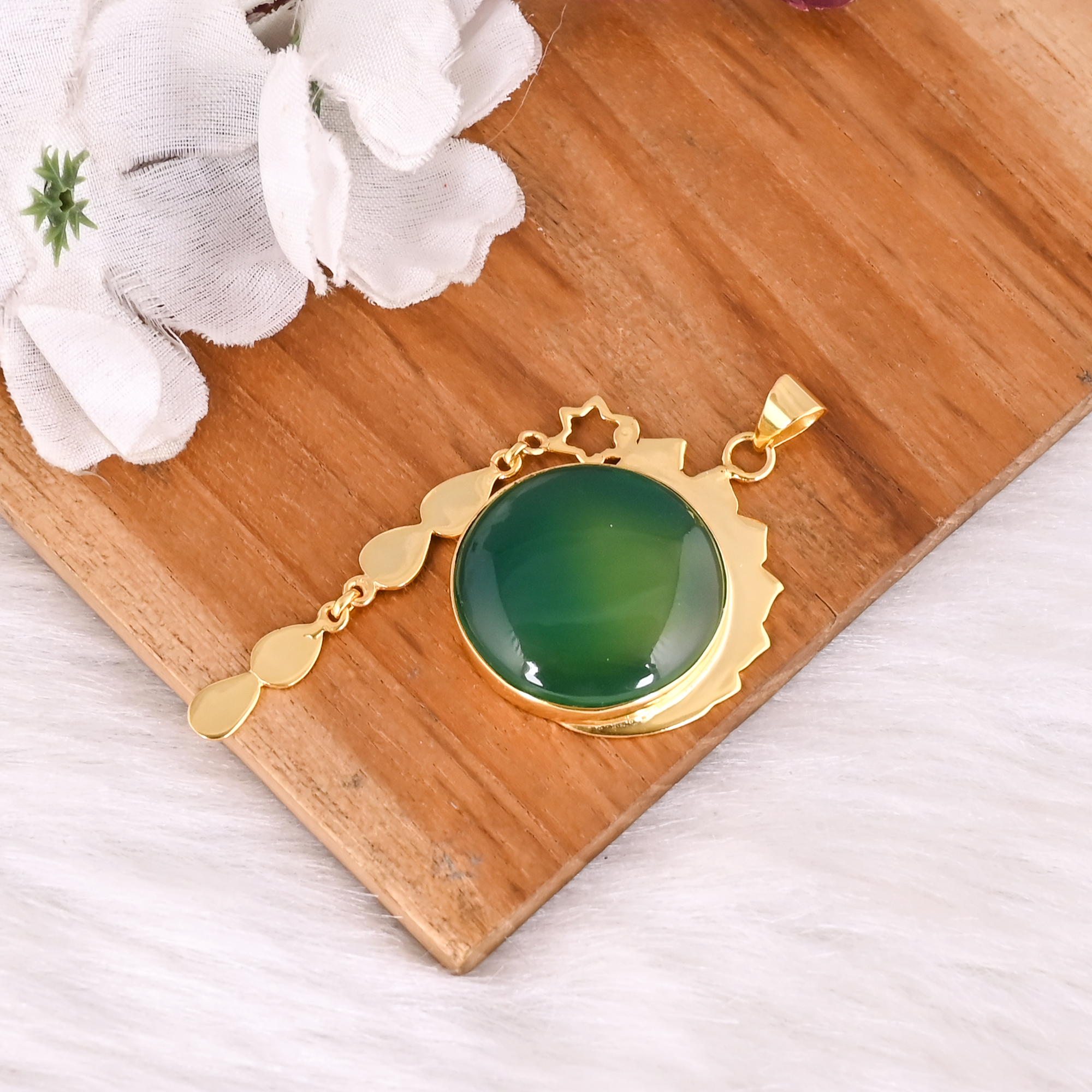 Natural Green Onyx Pendant in Brass Gemstone Jewelry Elegant Designer Style