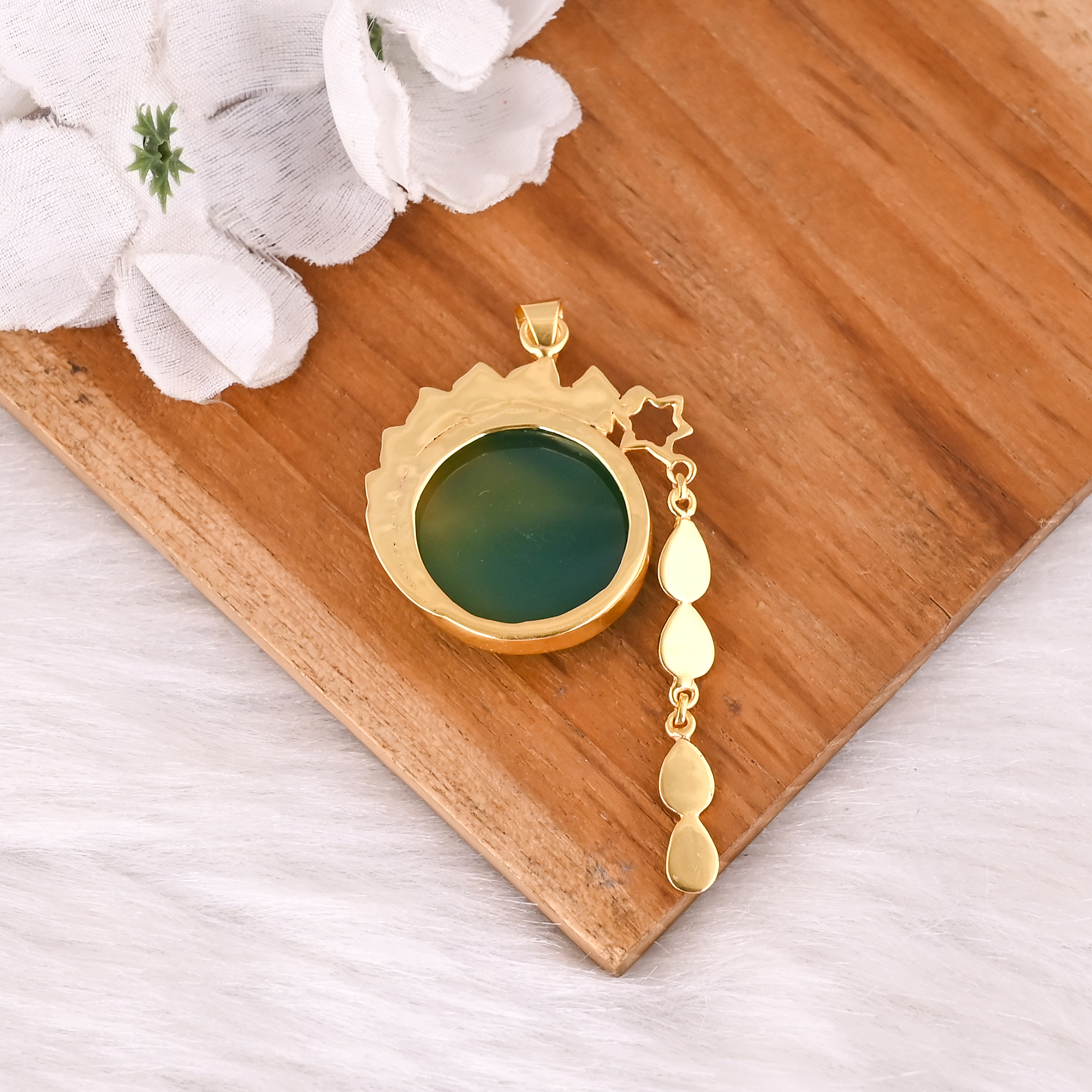 Natural Green Onyx Pendant in Brass Gemstone Jewelry Elegant Designer Style