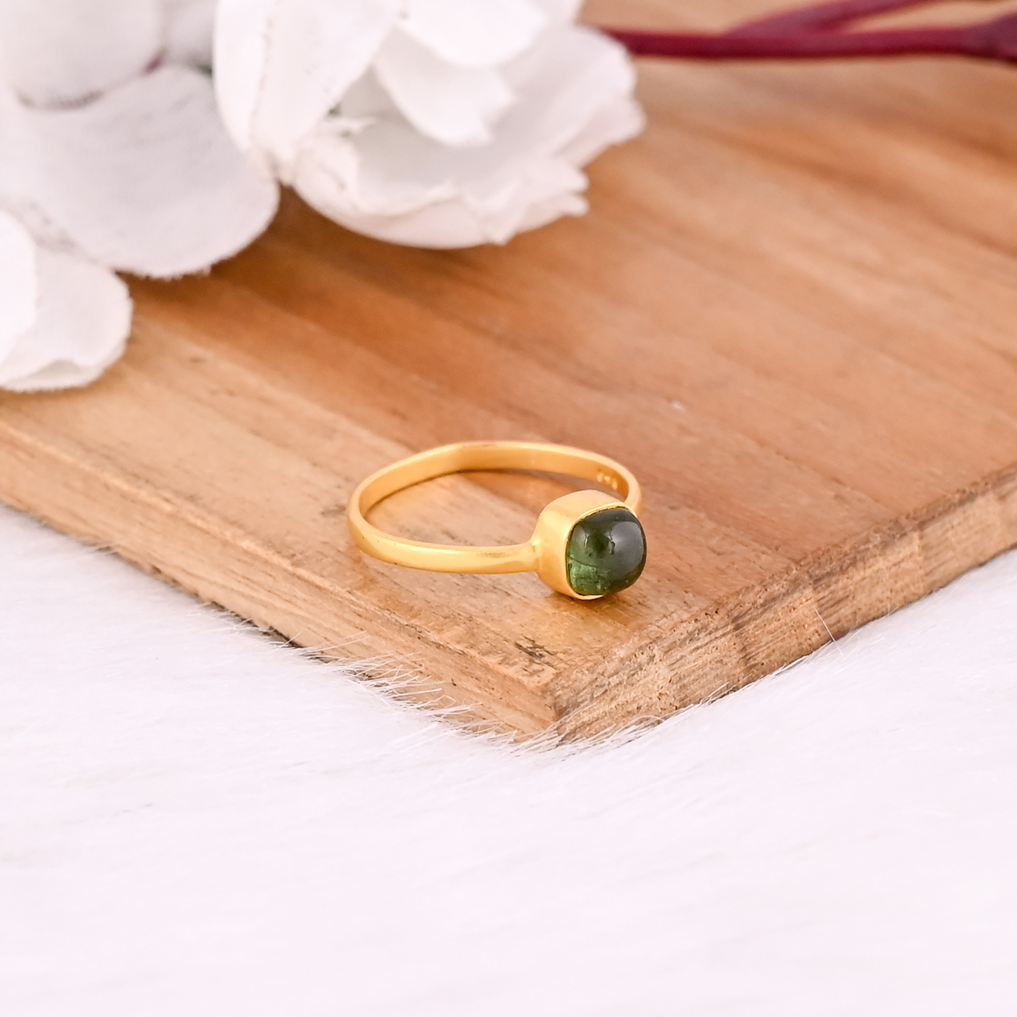 925 Sterling Silver Natural Green Tourmaline Yellow Gold Plated Handmade Stacking Ring Anniversary Gift