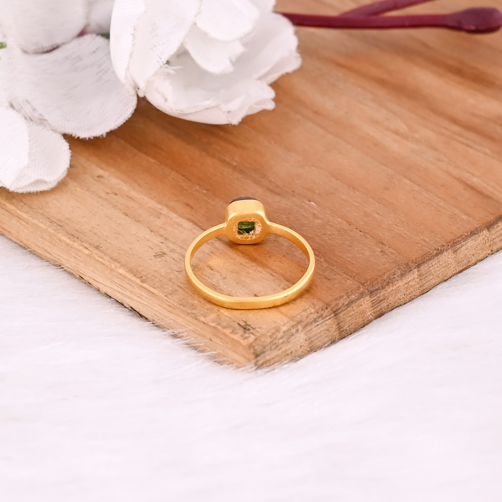 925 Sterling Silver Natural Green Tourmaline Yellow Gold Plated Handmade Stacking Ring Anniversary Gift