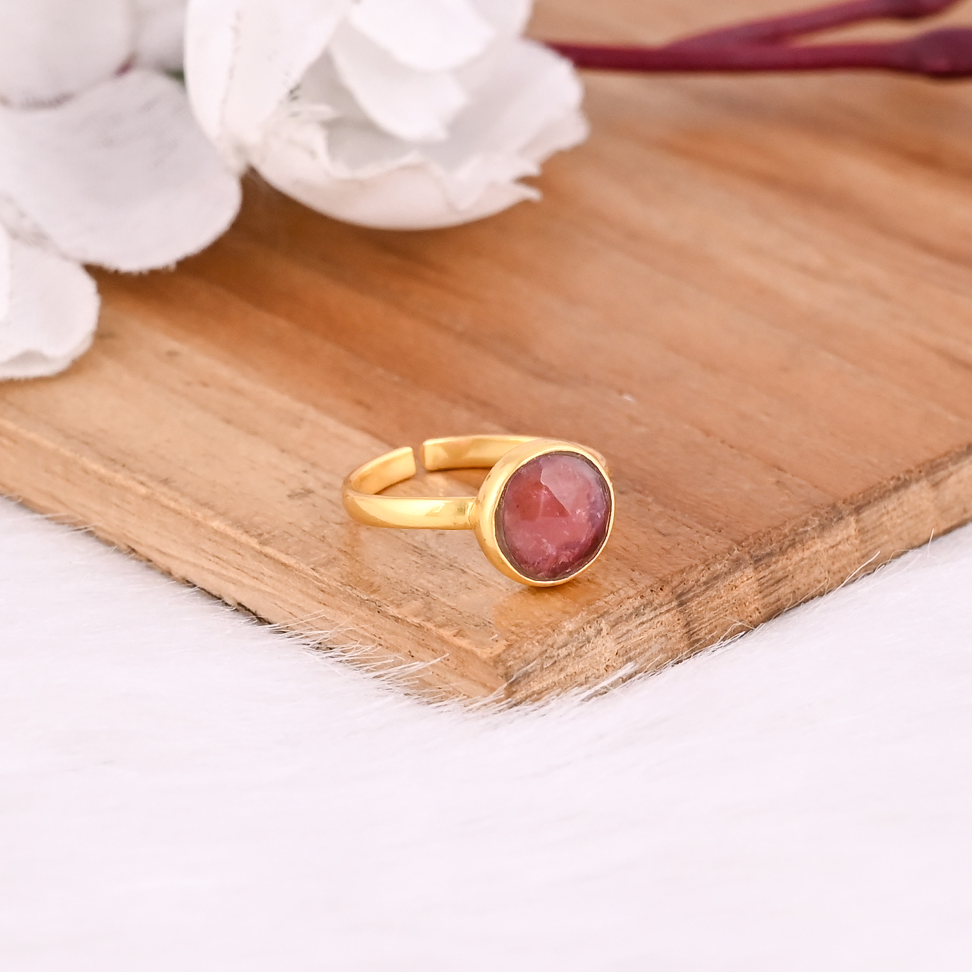 925 Sterling Silver Natural Pink Tourmaline Round Yellow Gold Plated Handmade Designer Adjustable Womens Fine Ring Jewelry