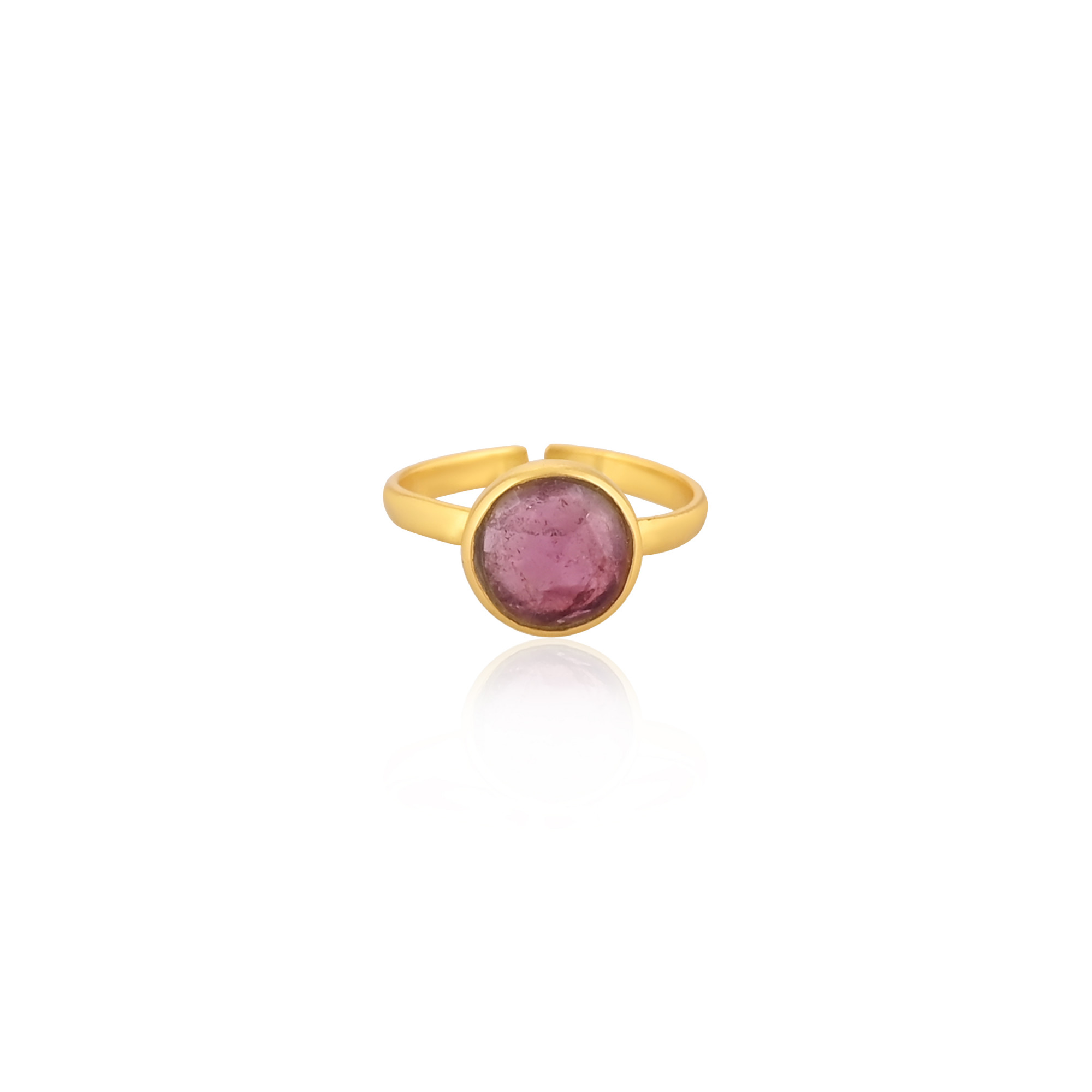 925 Sterling Silver Natural Pink Tourmaline Round Yellow Gold Plated Handmade Designer Adjustable Womens Fine Ring Jewelry
