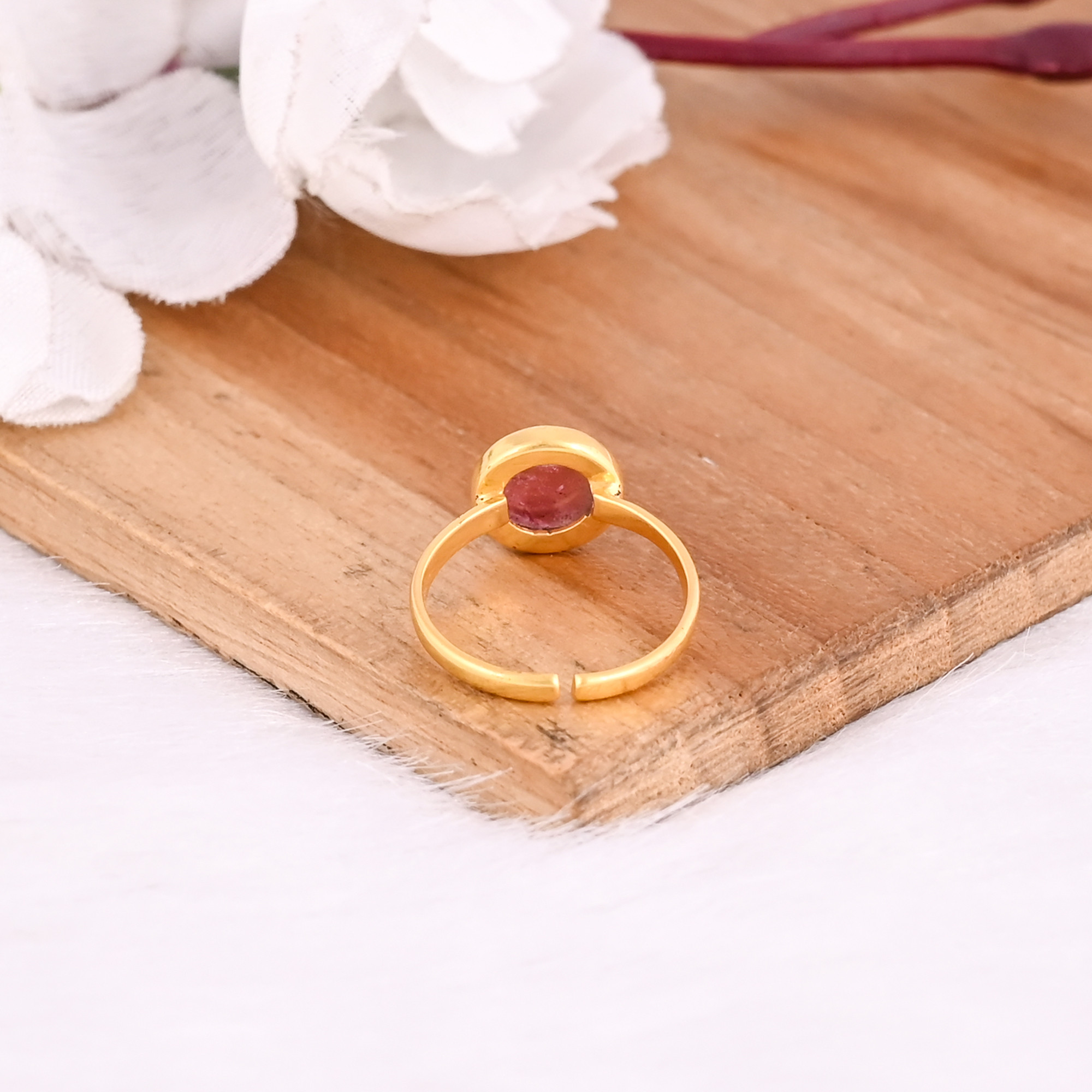 925 Sterling Silver Natural Pink Tourmaline Round Yellow Gold Plated Handmade Designer Adjustable Womens Fine Ring Jewelry