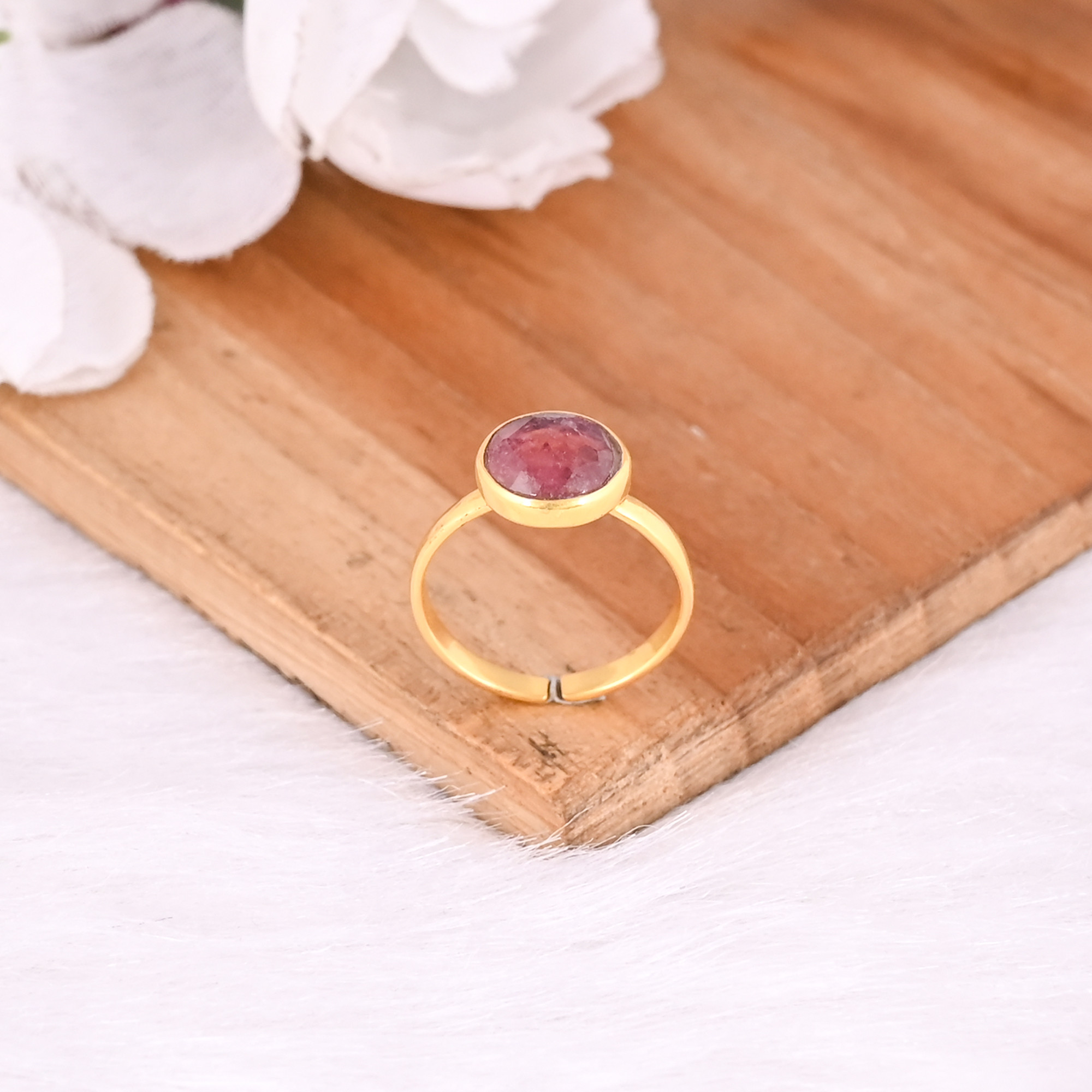 925 Sterling Silver Natural Pink Tourmaline Round Yellow Gold Plated Handmade Designer Adjustable Womens Fine Ring Jewelry