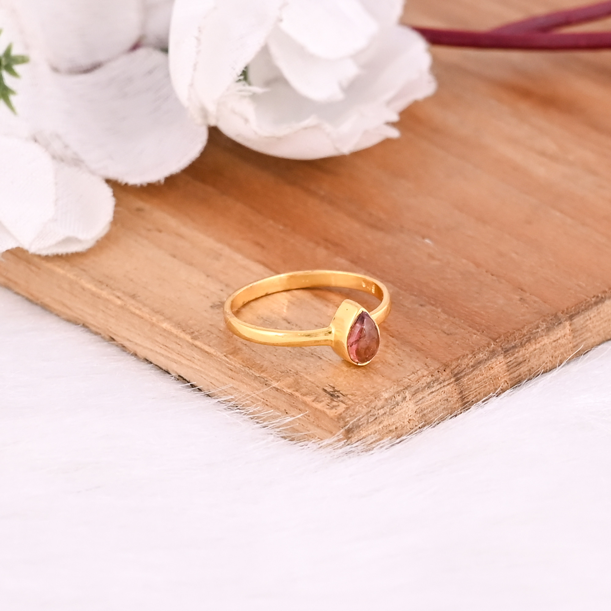 925 Sterling Silver Natural Pink Tourmaline Pear Yellow Gold Plated Handmade Designer Womens Fine Ring Jewelry