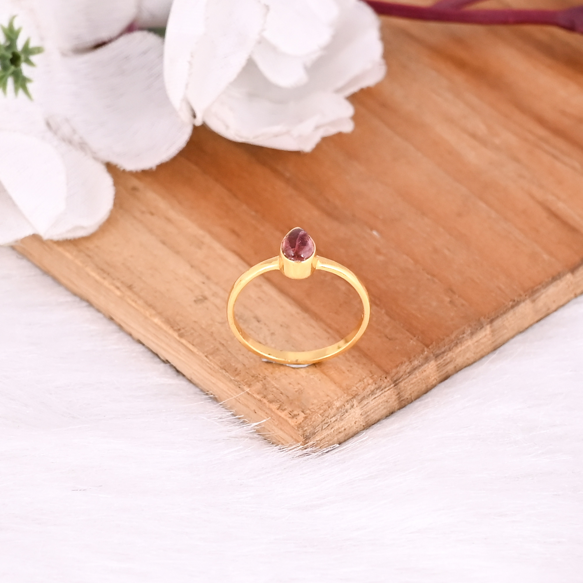 925 Sterling Silver Natural Pink Tourmaline Pear Yellow Gold Plated Handmade Designer Womens Fine Ring Jewelry