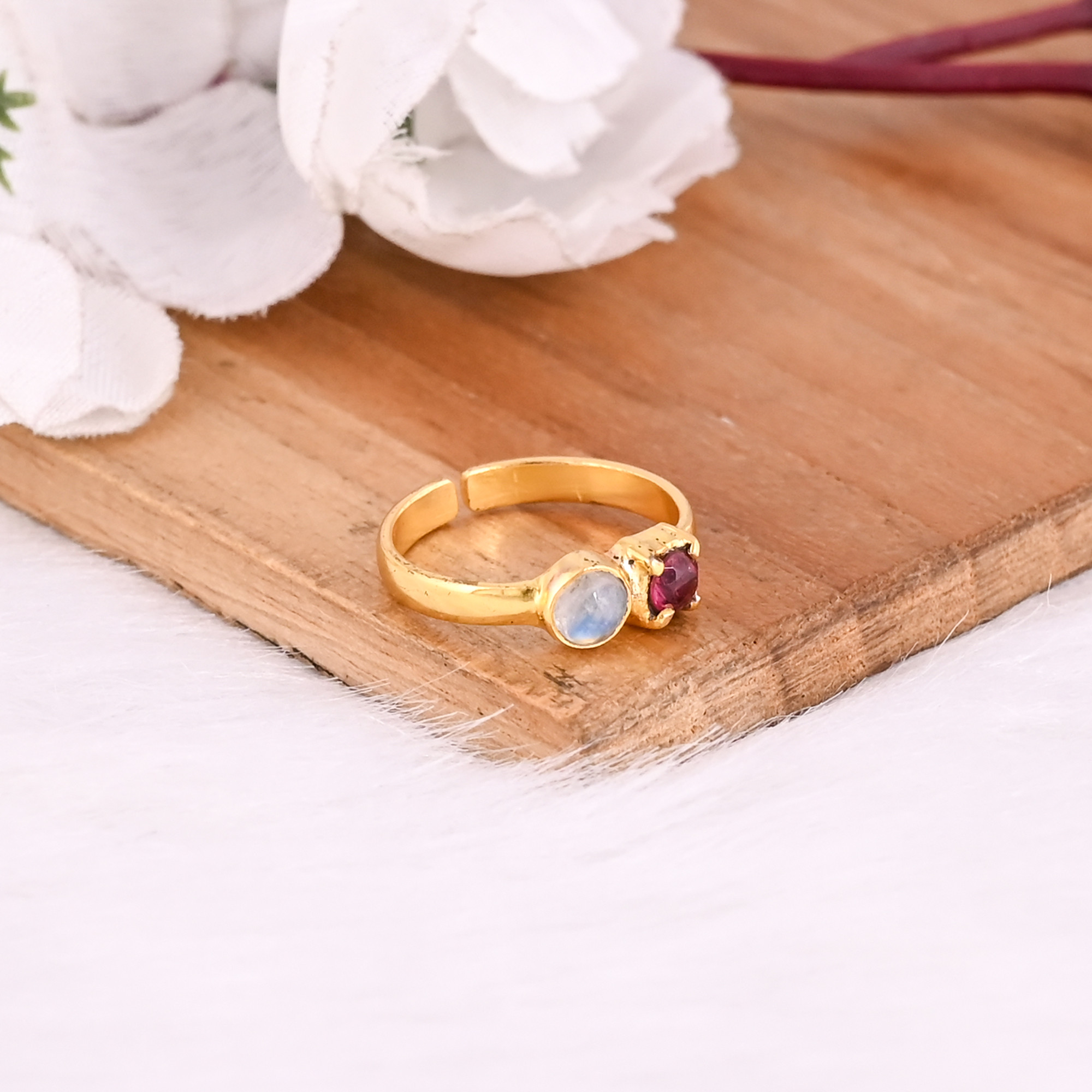 925 Sterling Silver Natural Tourmaline Moonstone Yellow Gold Plated Handmade Adjustable Ring Christmas Gift