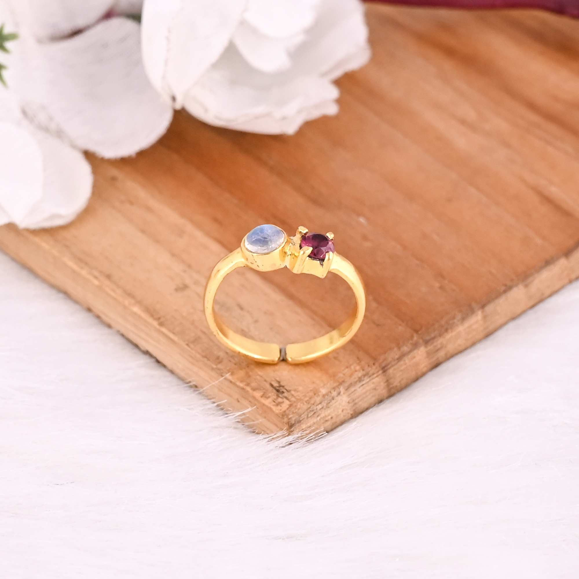 925 Sterling Silver Natural Tourmaline Moonstone Yellow Gold Plated Handmade Adjustable Ring Christmas Gift