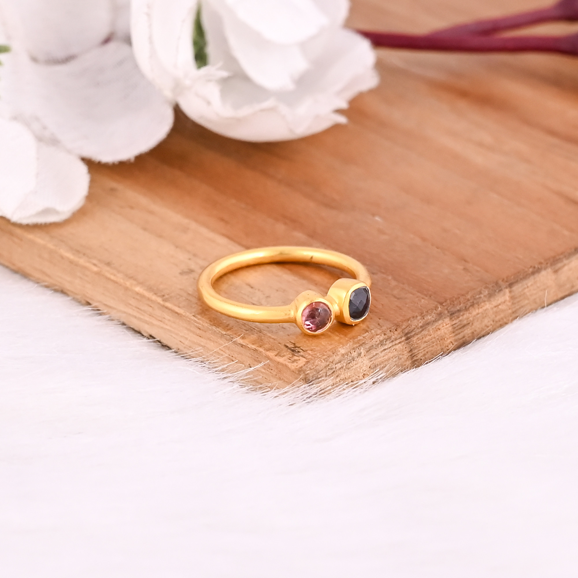 925 Sterling Silver Natural Tourmaline  Black Onyx Yellow Gold Plated Handmade Anniversary Gift Statement Ring Jewelry